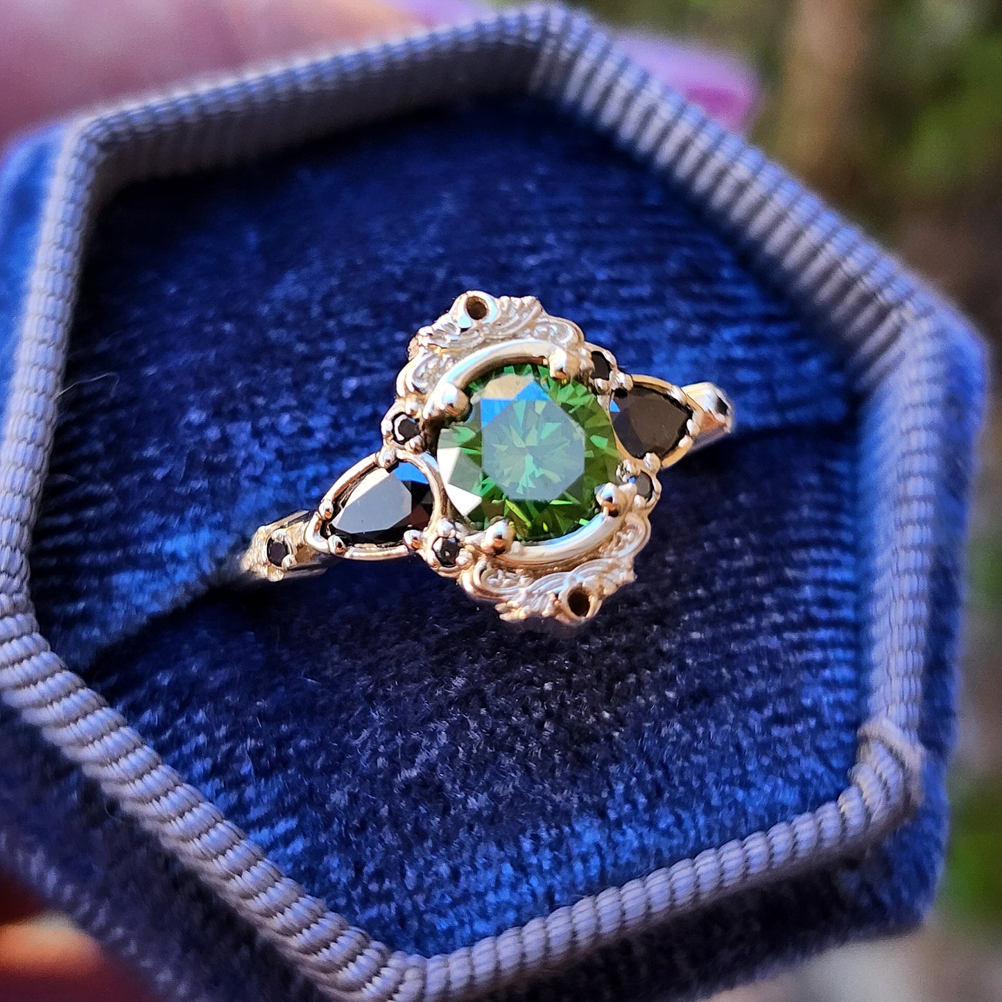 1 carat green diamond Victorian gothic engagement ring set with black diamonds 14k yellow gold image 4