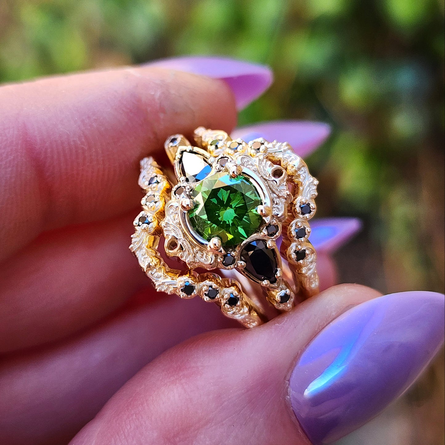 1 carat green diamond Victorian gothic engagement ring set with black diamonds 14k yellow gold image 7