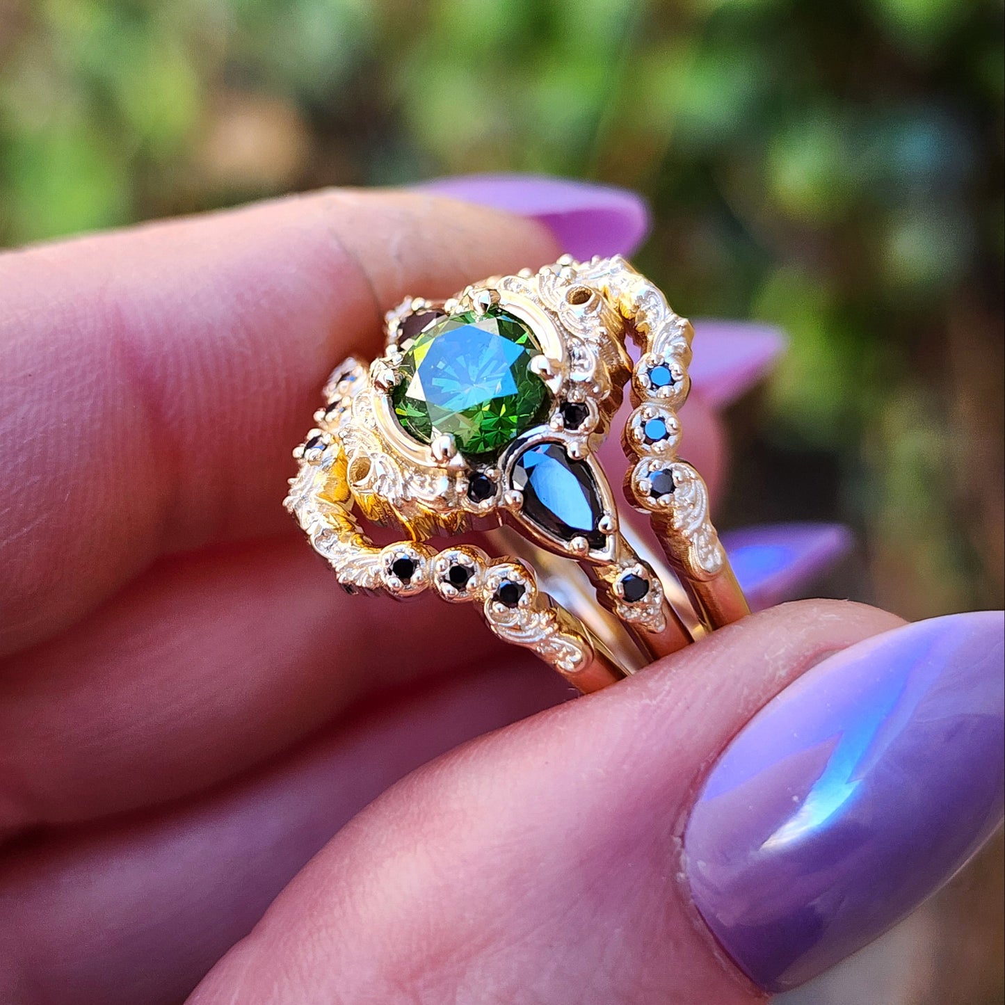 1 carat green diamond Victorian gothic engagement ring set with black diamonds 14k yellow gold image 9