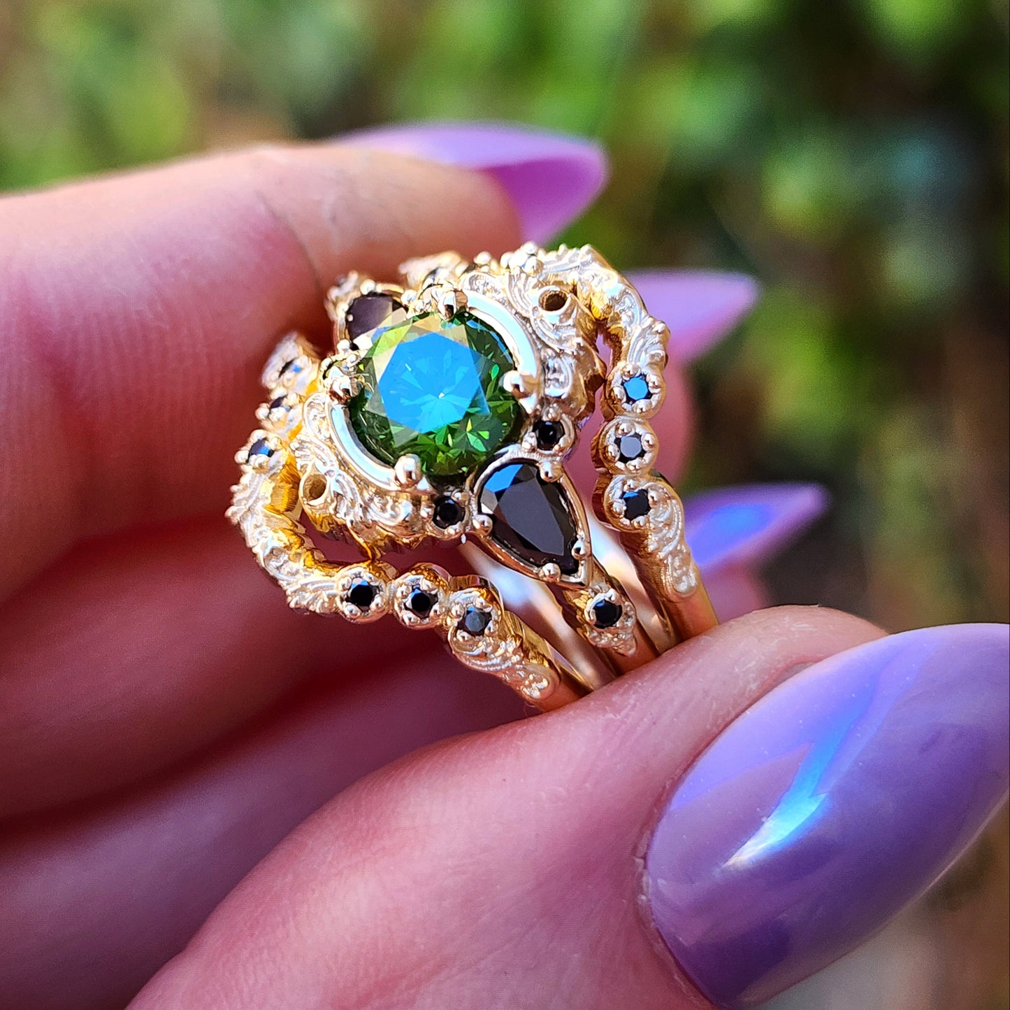 1 carat green diamond Victorian gothic engagement ring set with black diamonds 14k yellow gold image 8