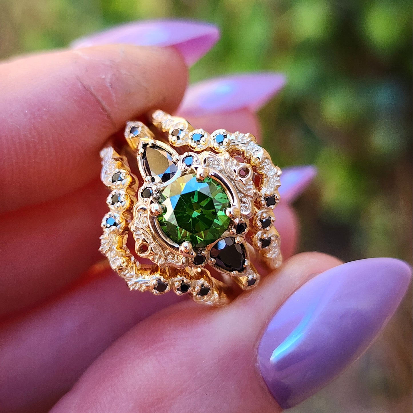 1 carat green diamond Victorian gothic engagement ring set with black diamonds 14k yellow gold image 2