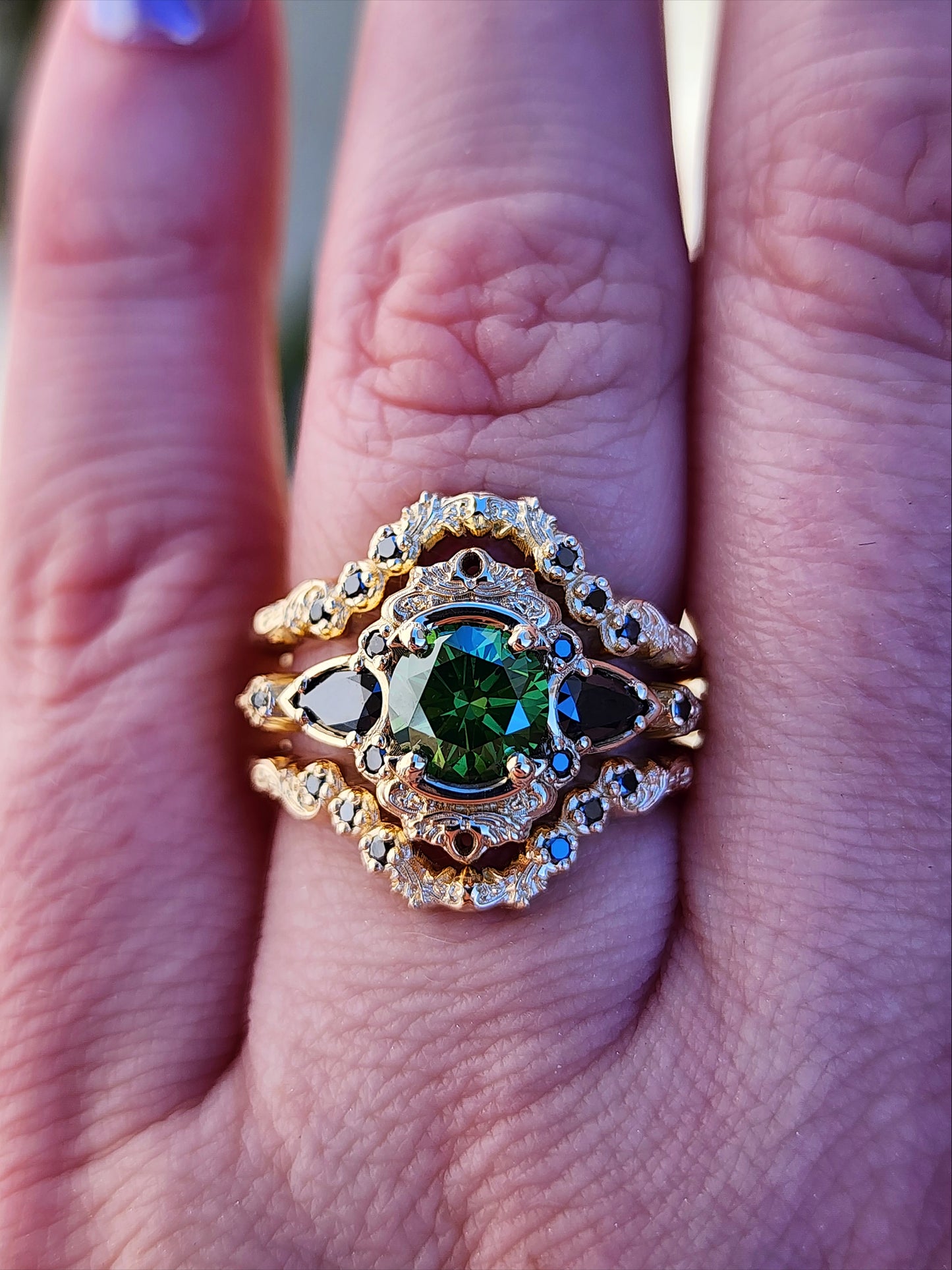 1 carat green diamond Victorian gothic engagement ring set with black diamonds 14k yellow gold image 10