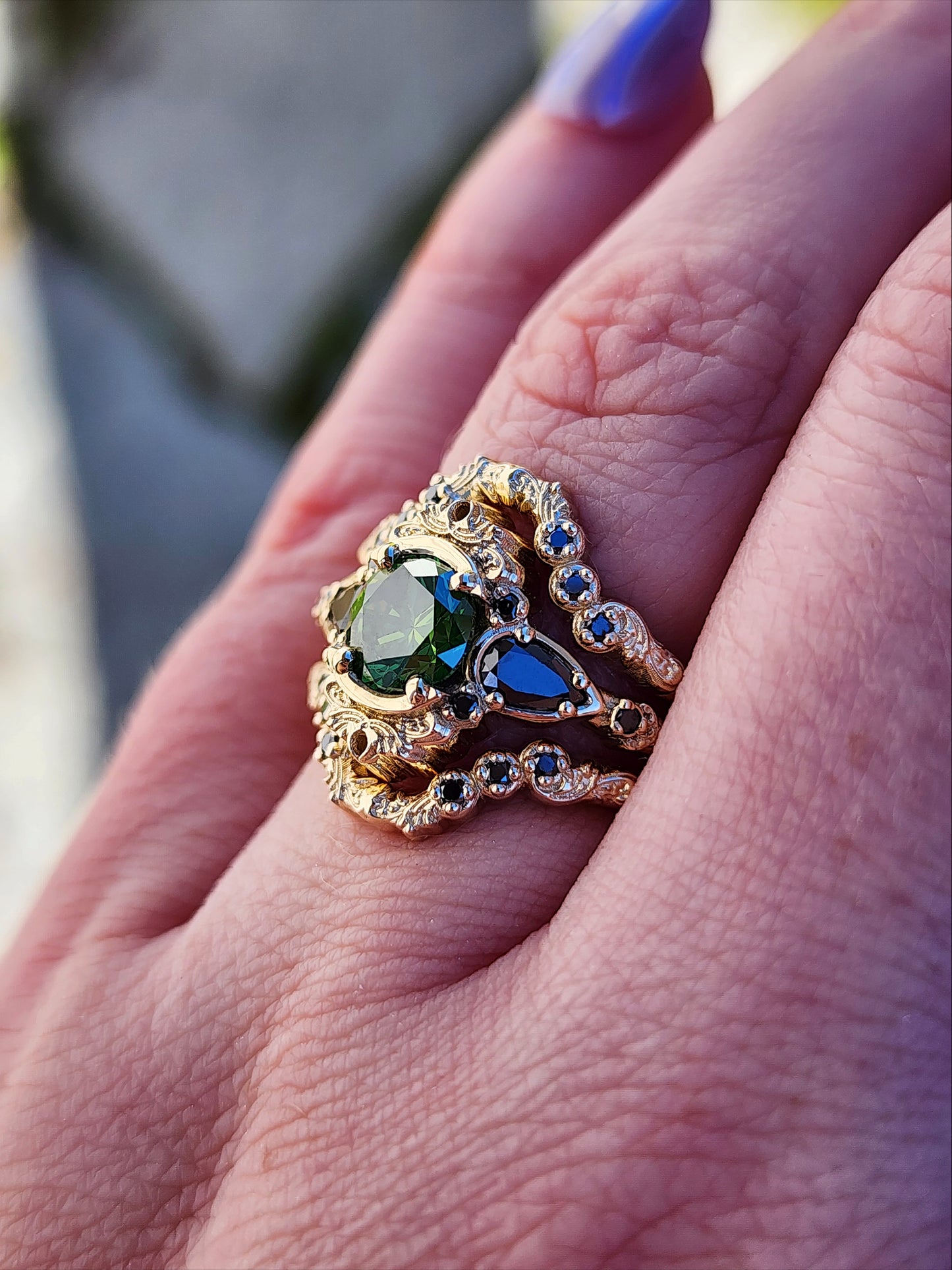 1 carat green diamond Victorian gothic engagement ring set with black diamonds 14k yellow gold image 11