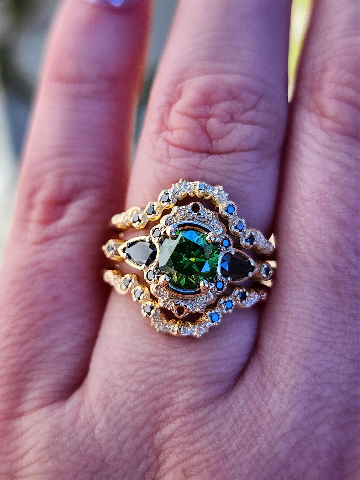 1 carat green diamond Victorian gothic engagement ring set with black diamonds 14k yellow gold image 13