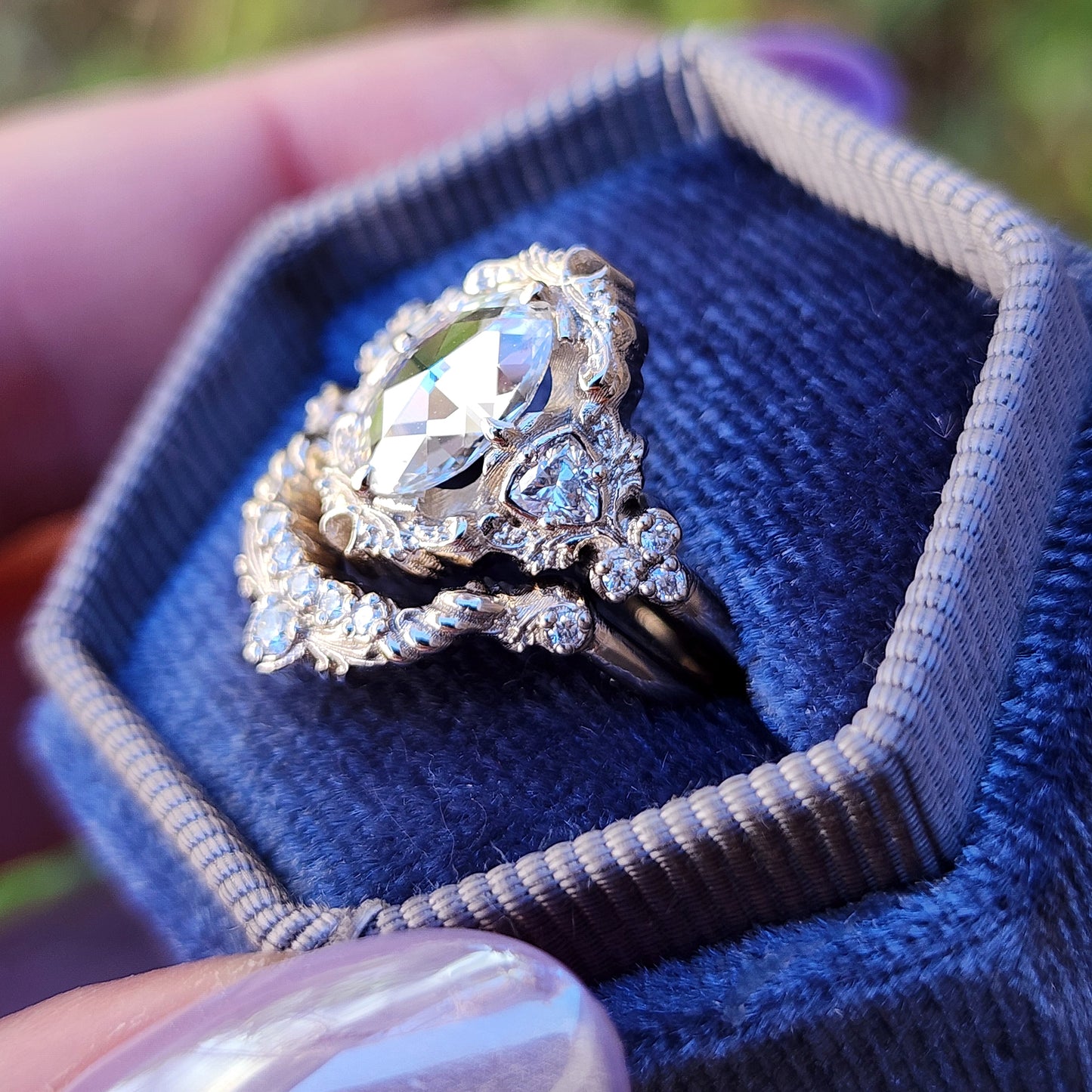 rose cut oval diamond antique victorian styled wedding ring set with trillions and scrolls in 14k white gold image 4