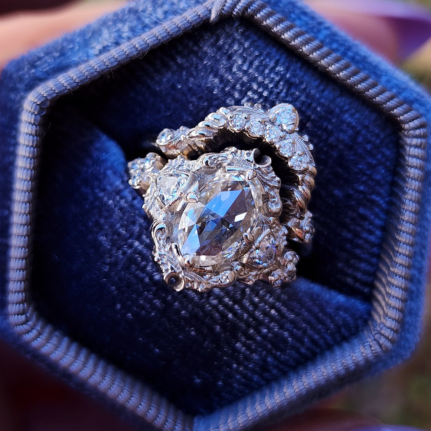 rose cut oval diamond antique victorian styled wedding ring set with trillions and scrolls in 14k white gold image 5