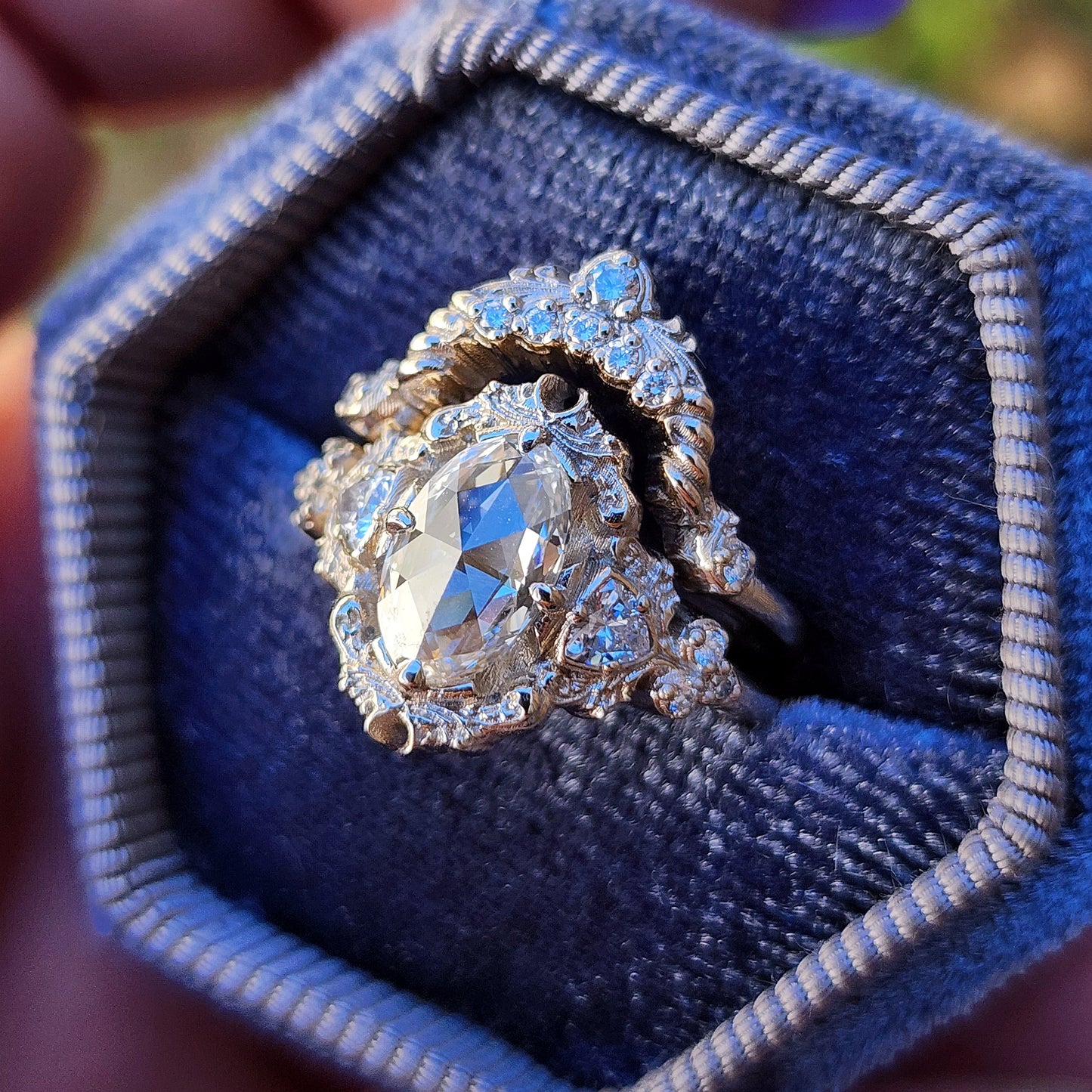 rose cut oval diamond antique victorian styled wedding ring set with trillions and scrolls in 14k white gold image 6