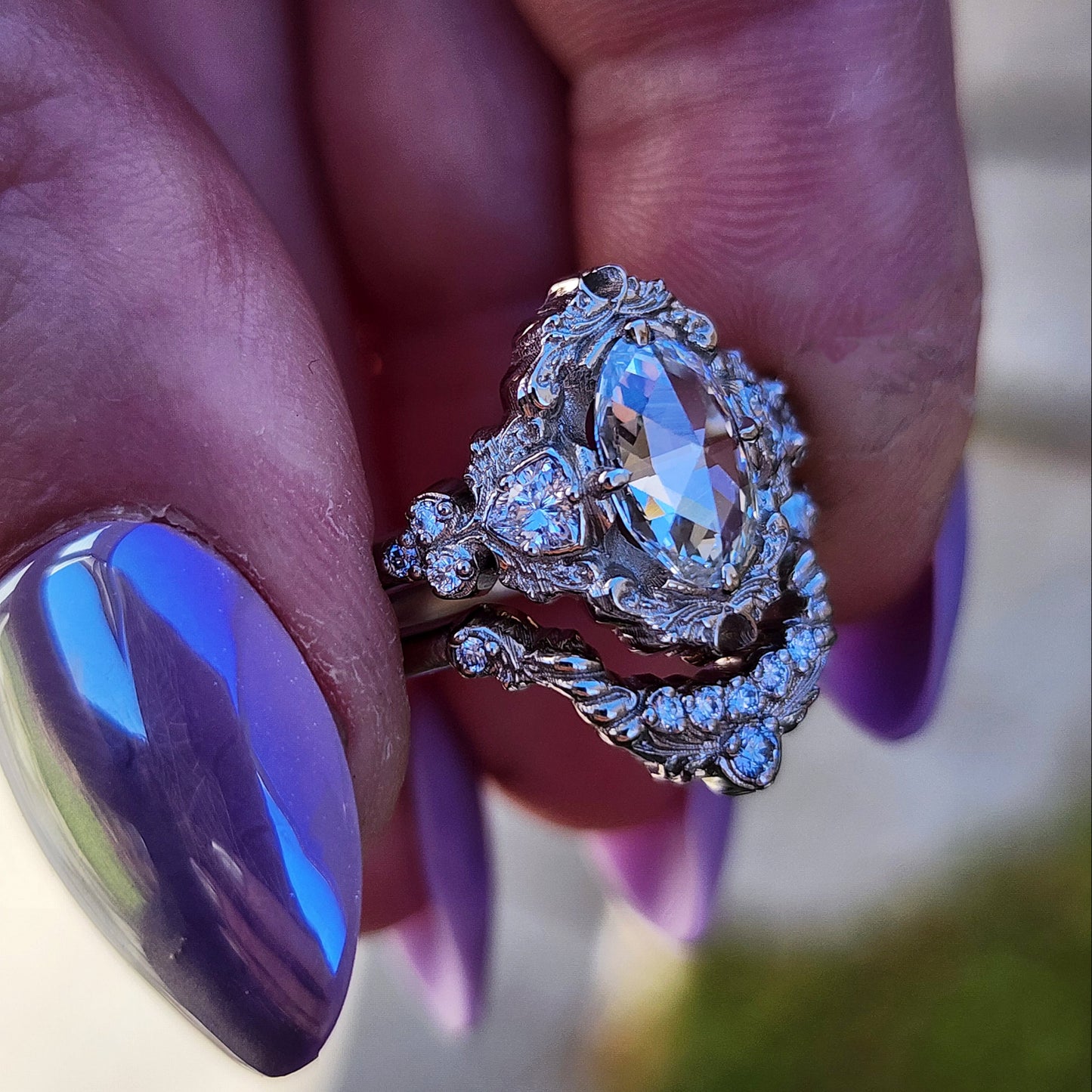 rose cut oval diamond antique victorian styled wedding ring set with trillions and scrolls in 14k white gold image 10