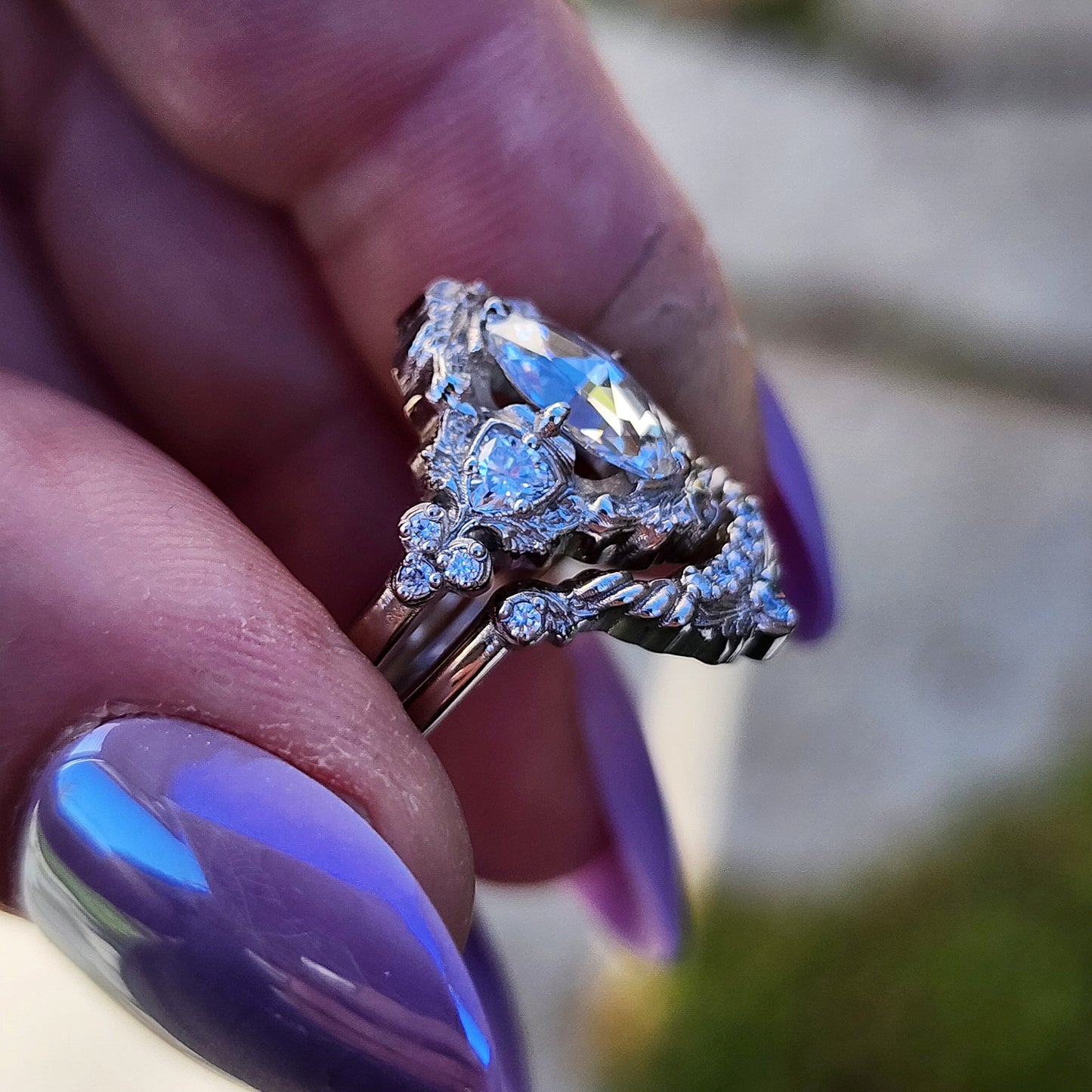 rose cut oval diamond antique victorian styled wedding ring set with trillions and scrolls in 14k white gold image 11