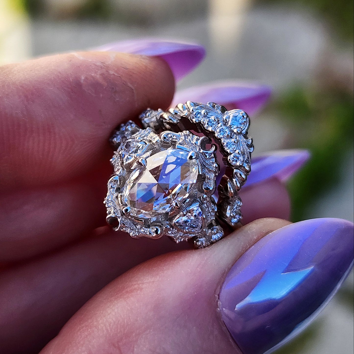 rose cut oval diamond antique victorian styled wedding ring set with trillions and scrolls in 14k white gold image 8