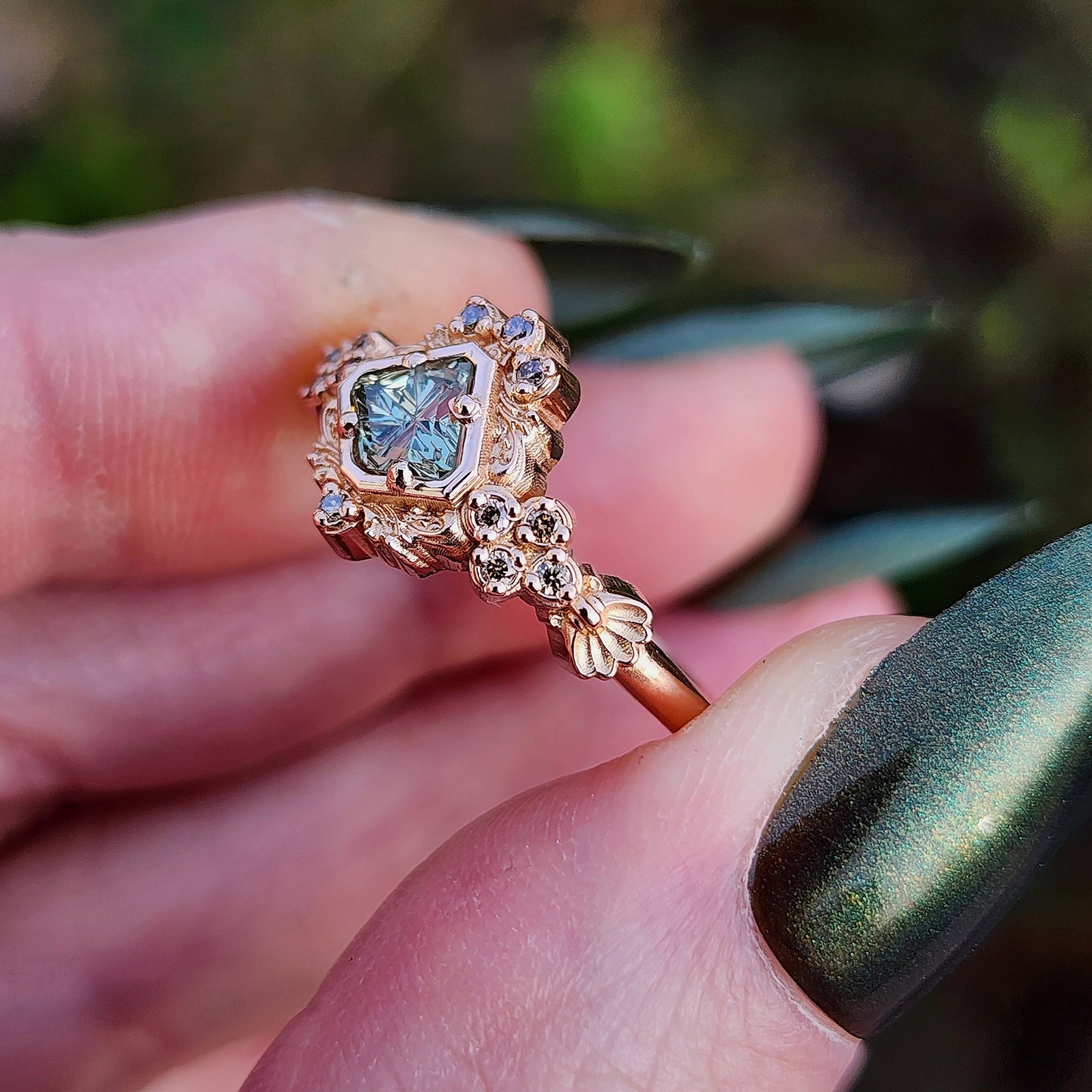 starbrite montana sapphire by john dyer in mermaid ring champagne diamonds 14k rose gold image 10