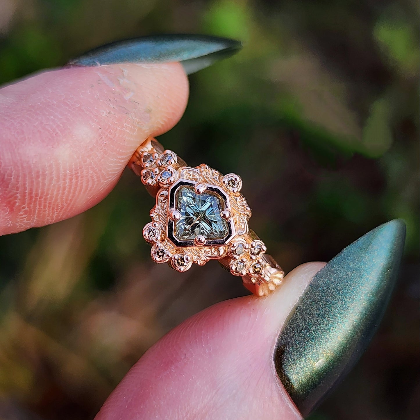 starbrite montana sapphire by john dyer in mermaid ring champagne diamonds 14k rose gold image 11