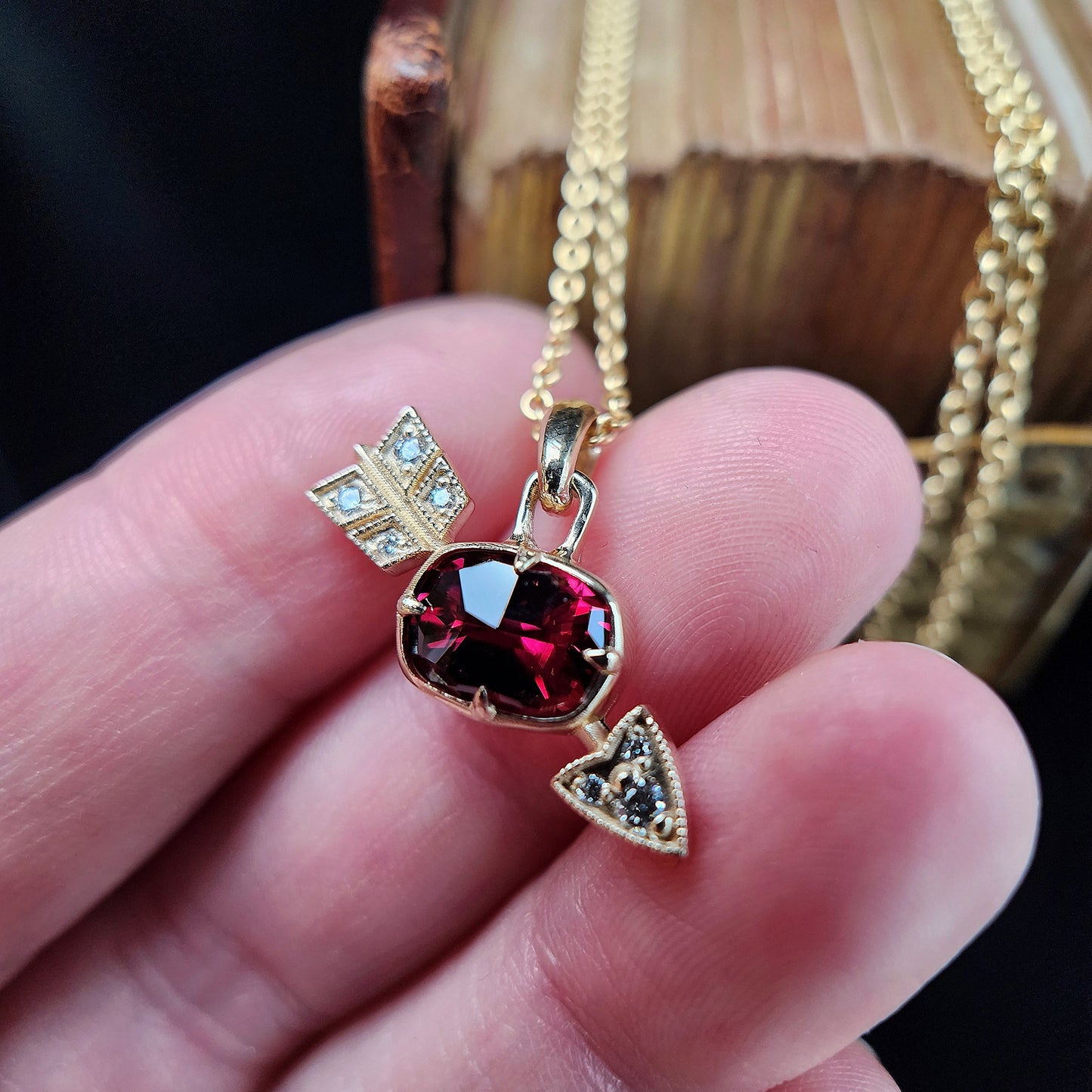 14k yellow gold garnet and diamond arrow pendants with milgrain image 8