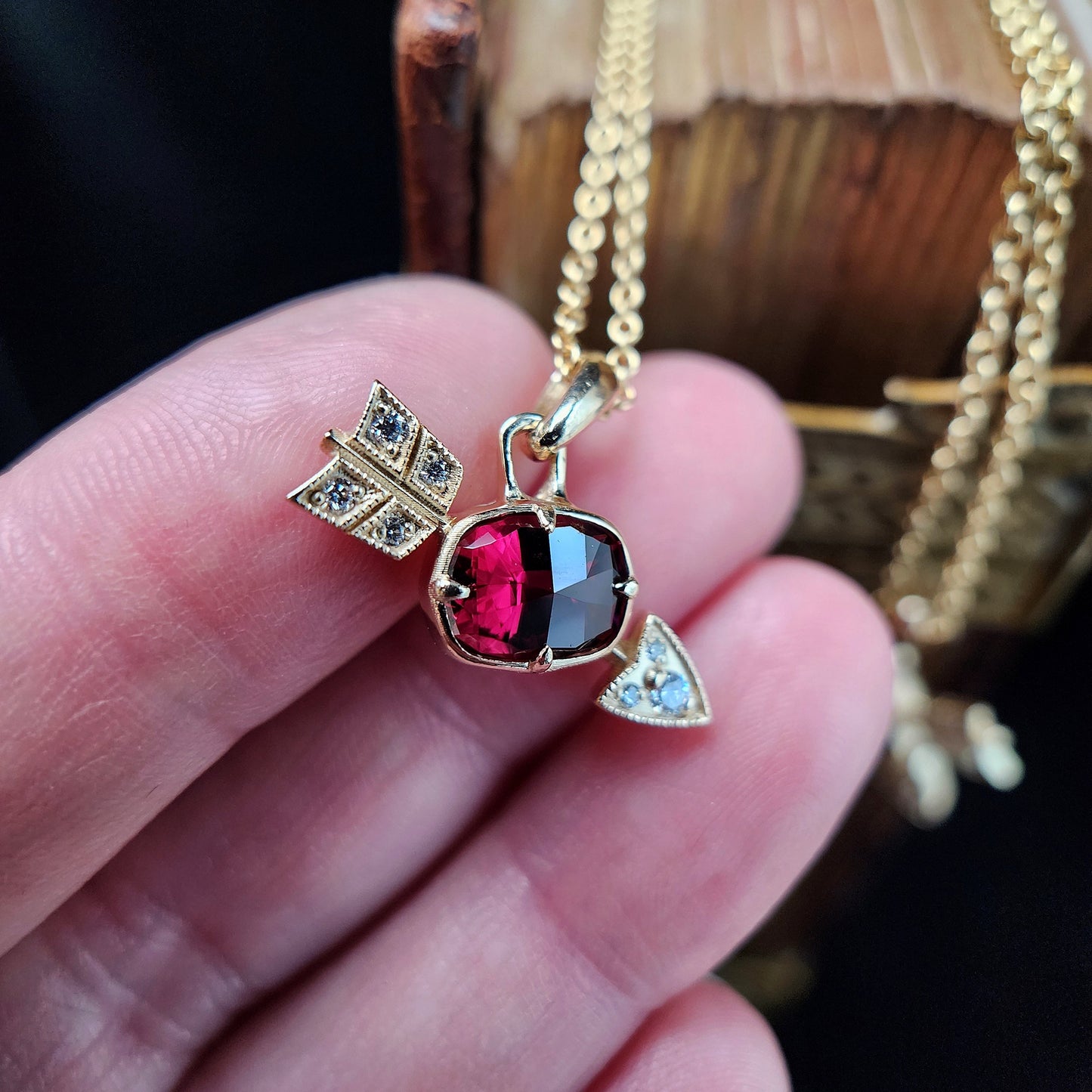 14k yellow gold garnet and diamond arrow pendants with milgrain image 7