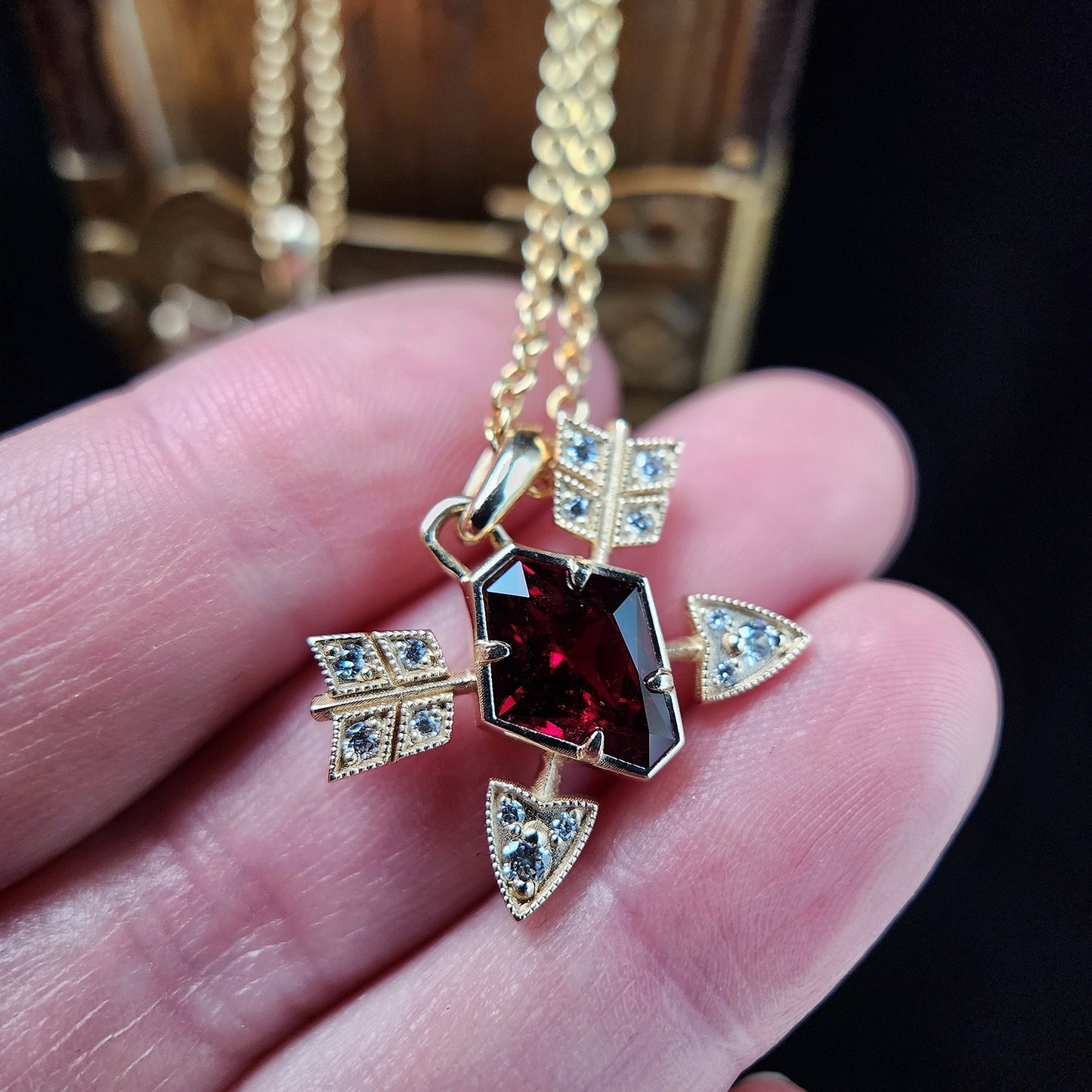 14k yellow gold garnet and diamond arrow pendants with milgrain image 5