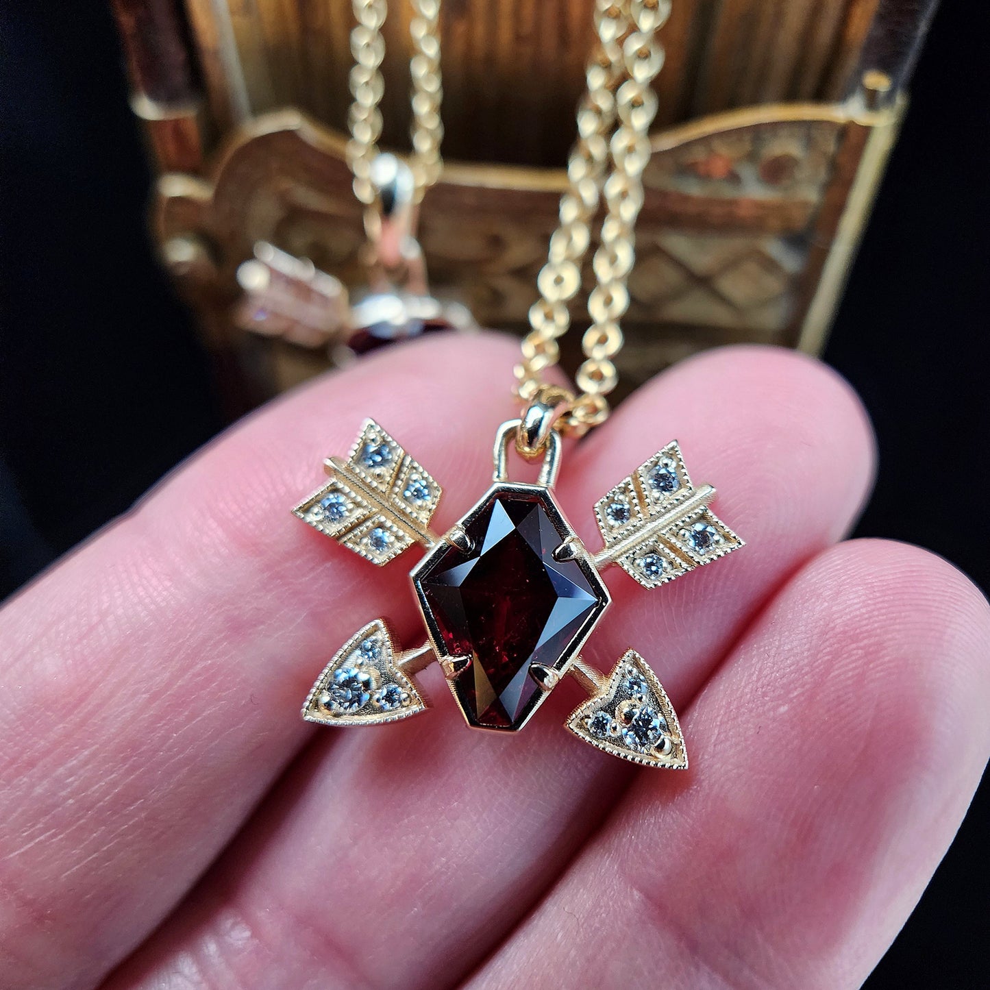 14k yellow gold garnet and diamond arrow pendants with milgrain image 4