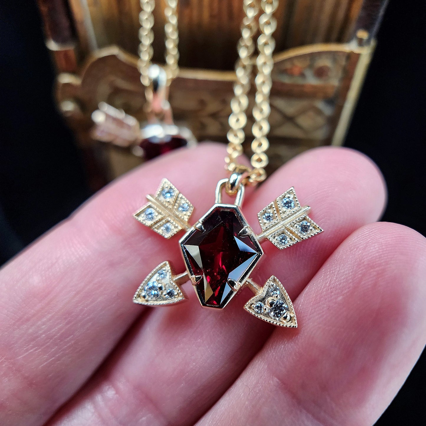 14k yellow gold garnet and diamond arrow pendants with milgrain image 3