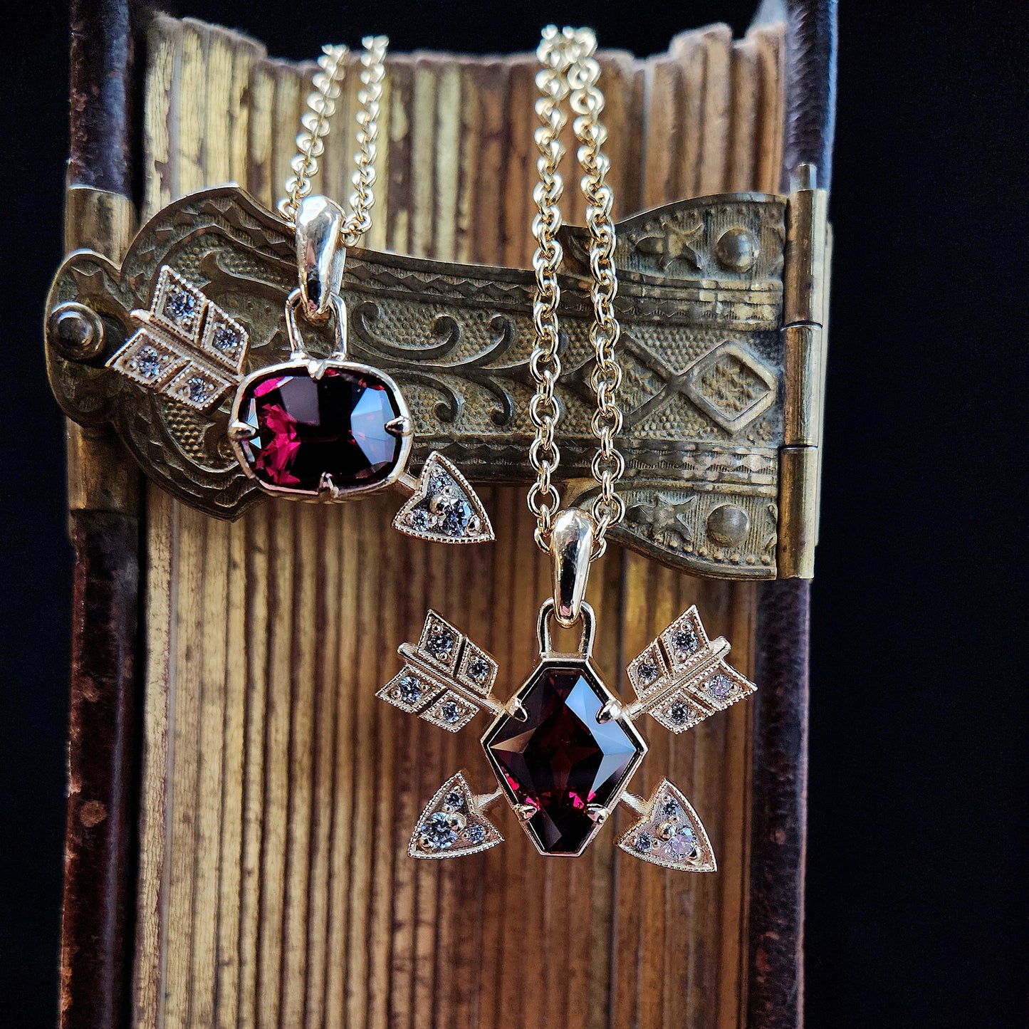 14k yellow gold garnet and diamond arrow pendants with milgrain image 1