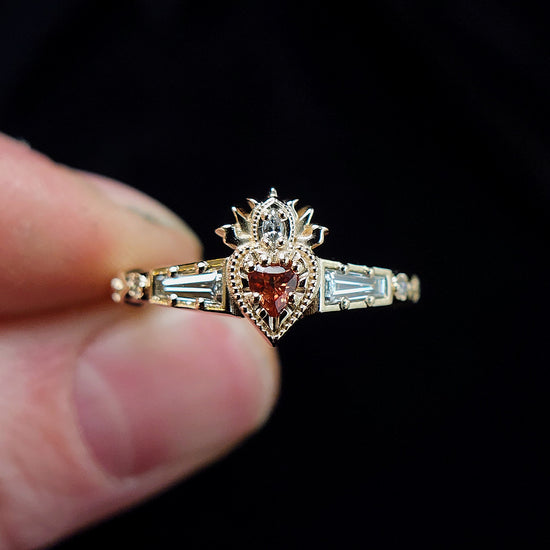 Cosmic Love - Flaming Heart Ring with Orange Sapphire and Lab