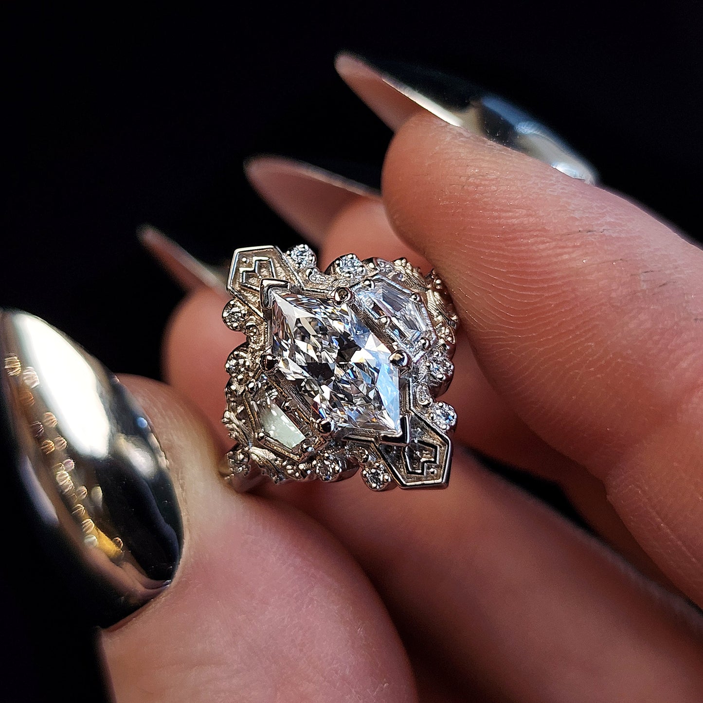 lady Guinevere setting with gold heart detail filigree duchess diamond cadillac diamond side gems 14k white gold image  4