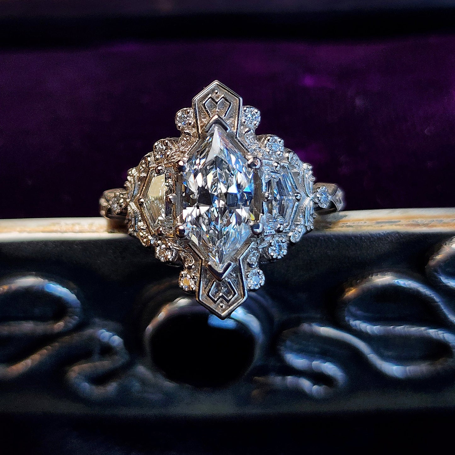 lady Guinevere setting with gold heart detail filigree duchess diamond cadillac diamond side gems 14k white gold image  3