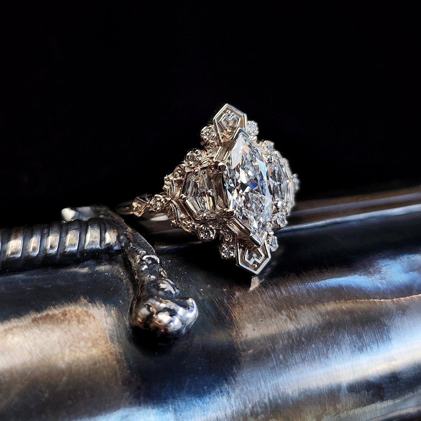 lady Guinevere setting with gold heart detail filigree duchess diamond cadillac diamond side gems 14k white gold image  7