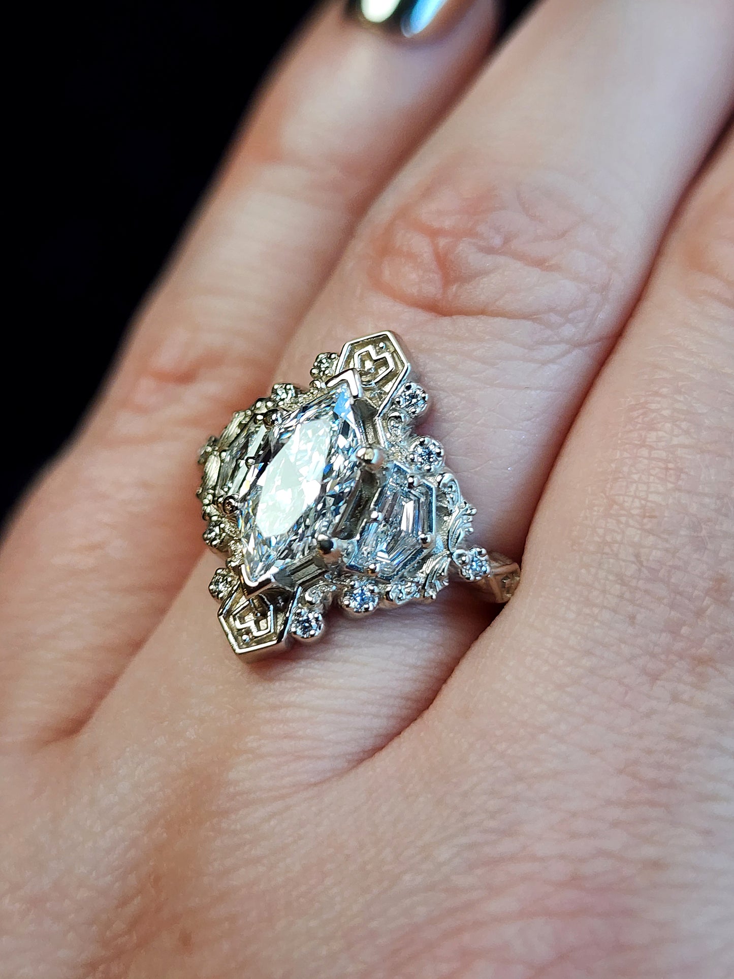 lady Guinevere setting with gold heart detail filigree duchess diamond cadillac diamond side gems 14k white gold image  16