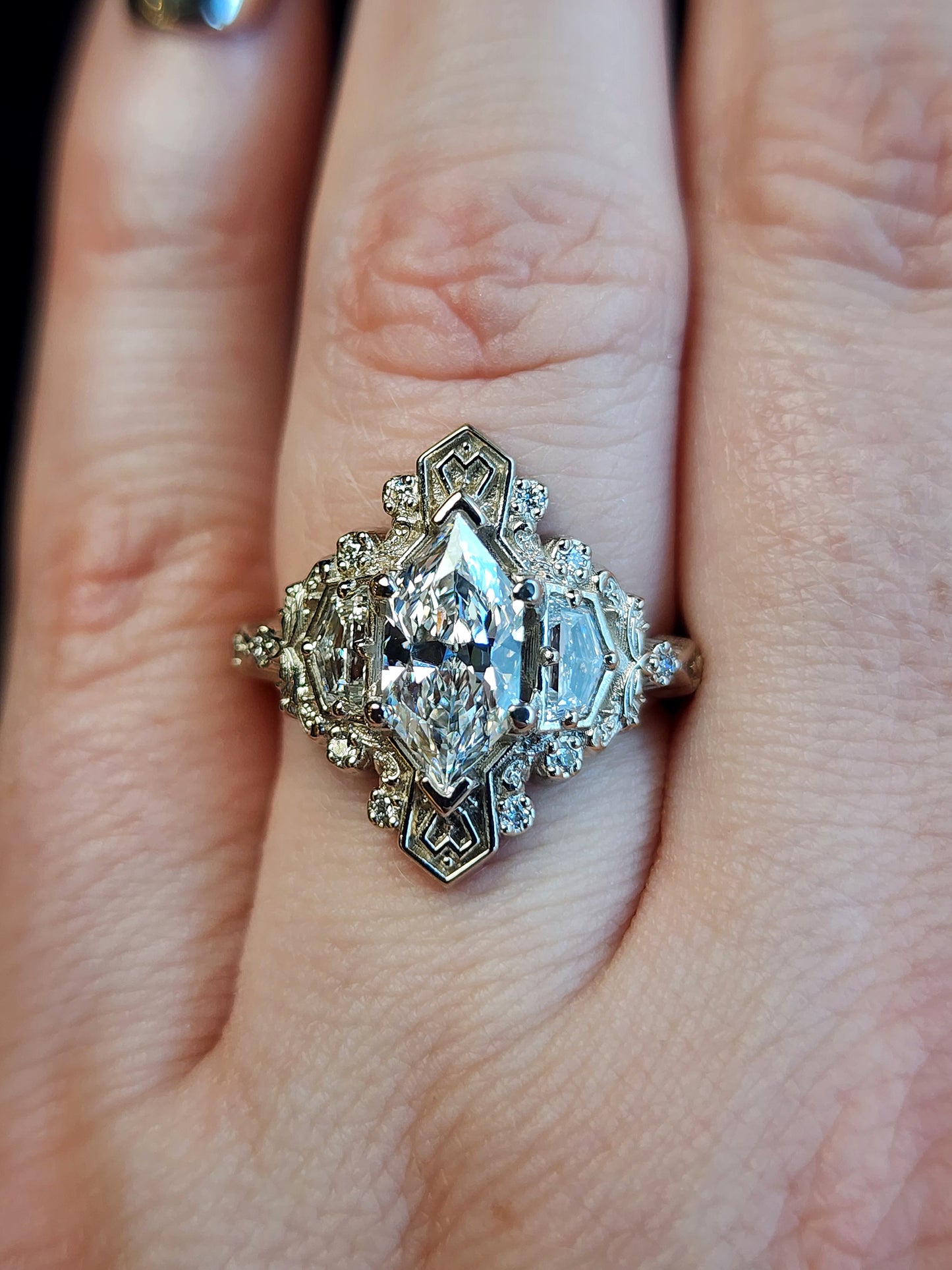 lady Guinevere setting with gold heart detail filigree duchess diamond cadillac diamond side gems 14k white gold image  14