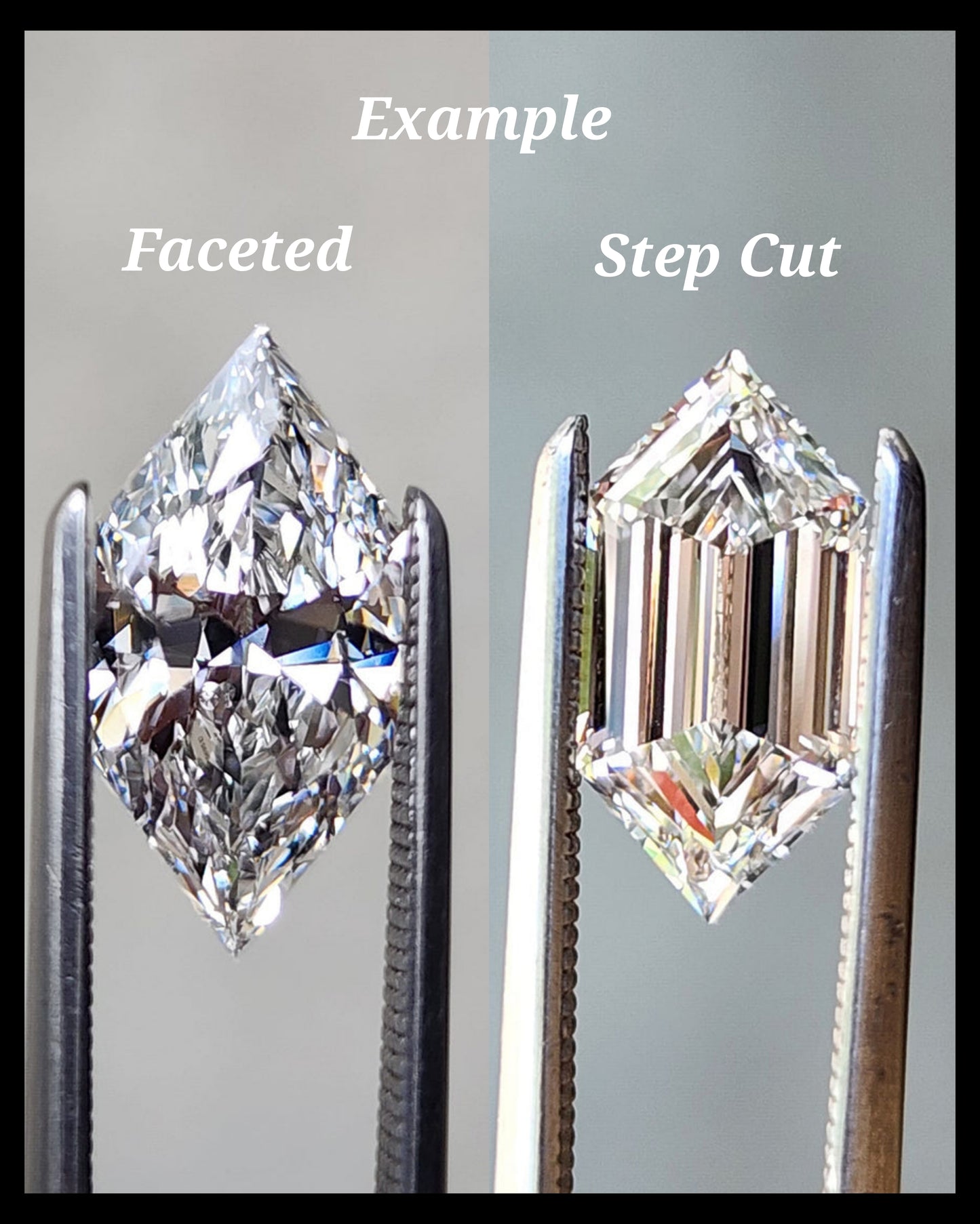 Two diamonds, one faceted and one step cut, held in tweezers against a neutral background.