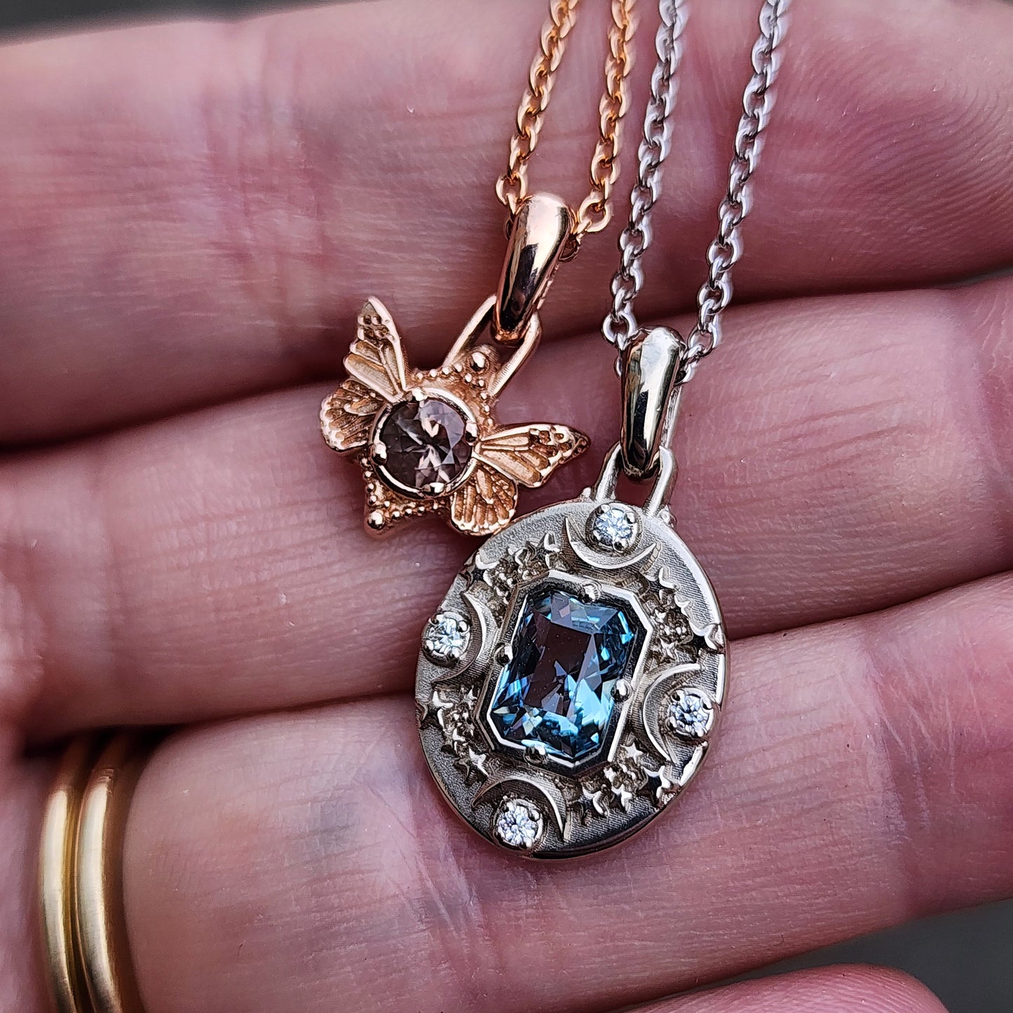 White gold aquamarine Artemis pendant and oregon sunstone butterfly pendant rose gold image 2