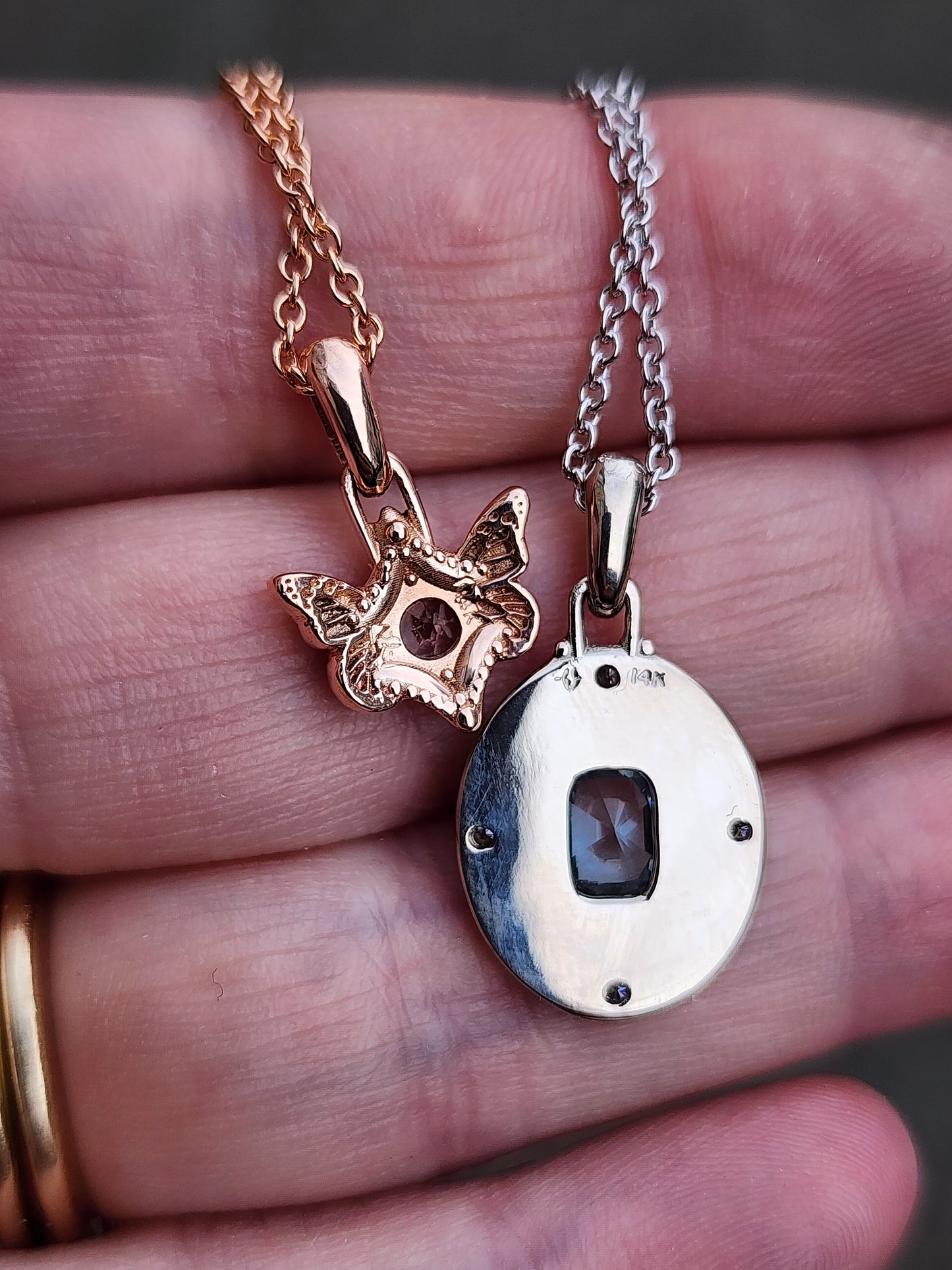 White gold aquamarine Artemis pendant and oregon sunstone butterfly pendant rose gold image 7