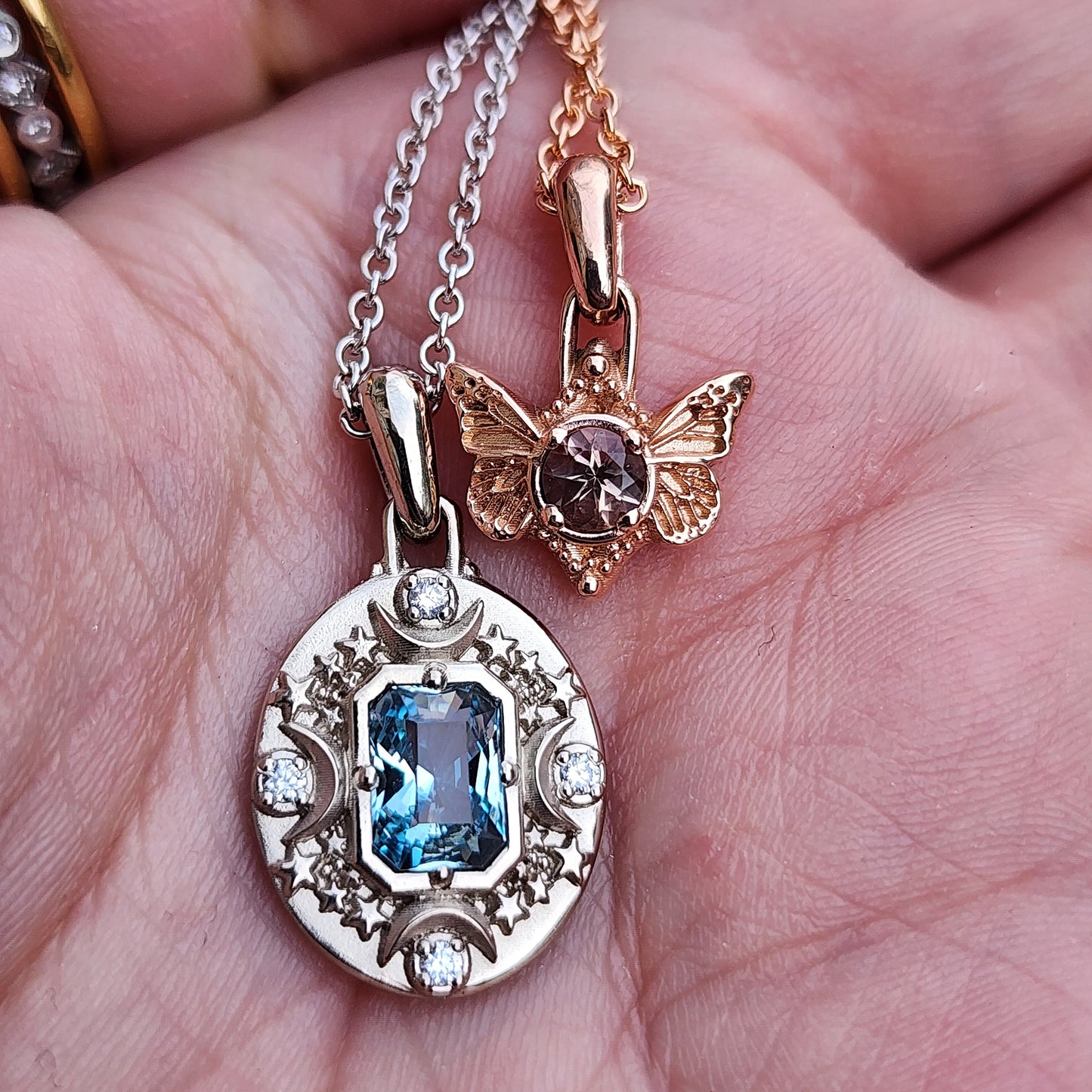 White gold aquamarine Artemis pendant and oregon sunstone butterfly pendant rose gold image 1