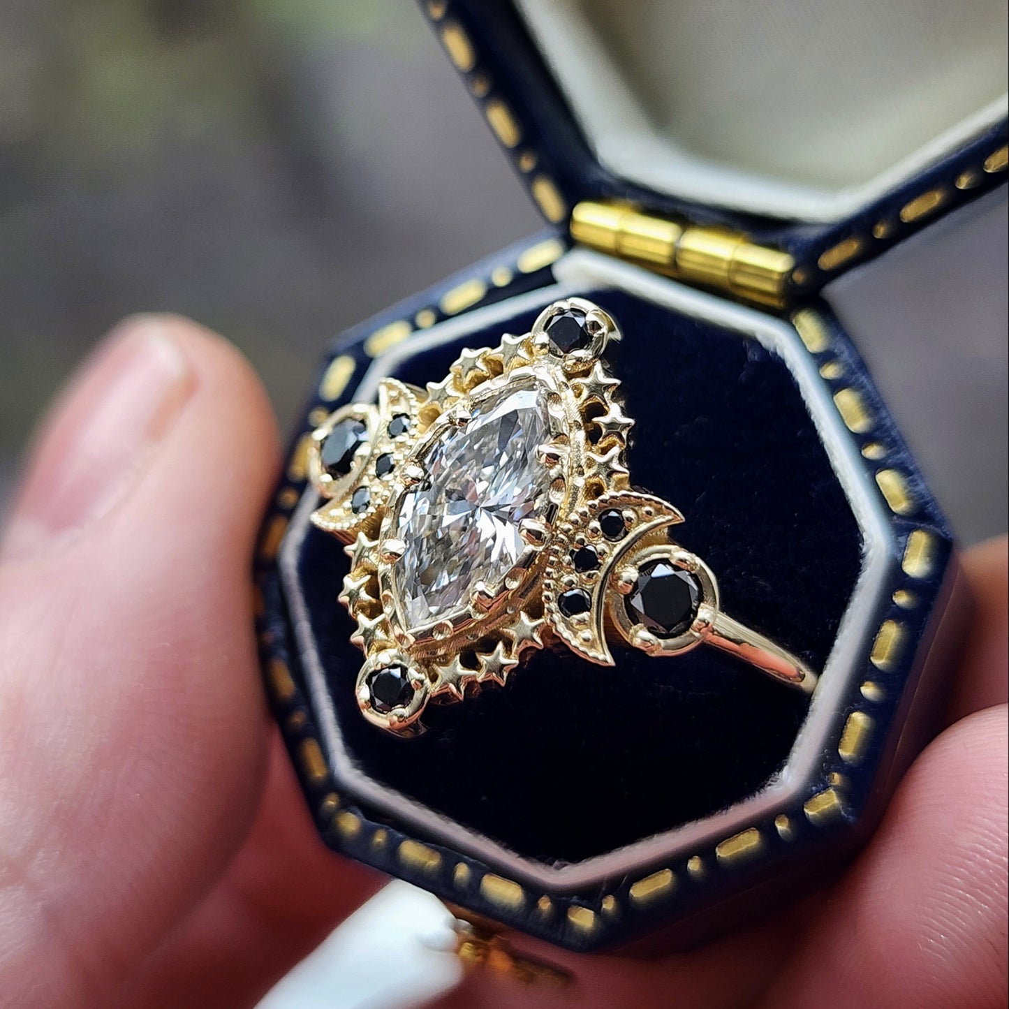 Cosmos Ring features a stunning 1.03ct Lab Marquise Diamond (with report) set in 14kt yellow gold The center stones is beautifully encircled by .40ct black diamonds image 4