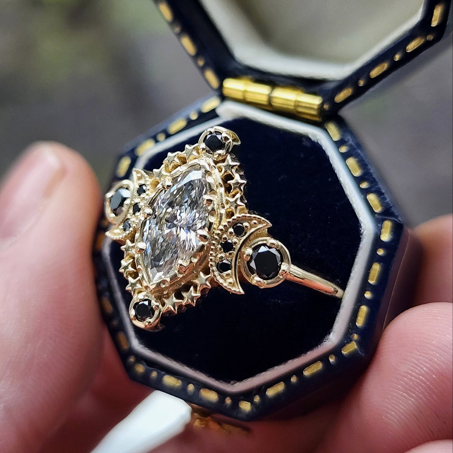 Cosmos Ring features a stunning 1.03ct Lab Marquise Diamond (with report) set in 14kt yellow gold The center stones is beautifully encircled by .40ct black diamonds image 5