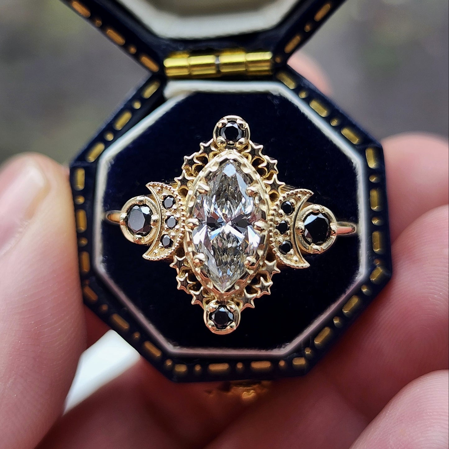 Cosmos Ring features a stunning 1.03ct Lab Marquise Diamond (with report) set in 14kt yellow gold The center stones is beautifully encircled by .40ct black diamonds image 6