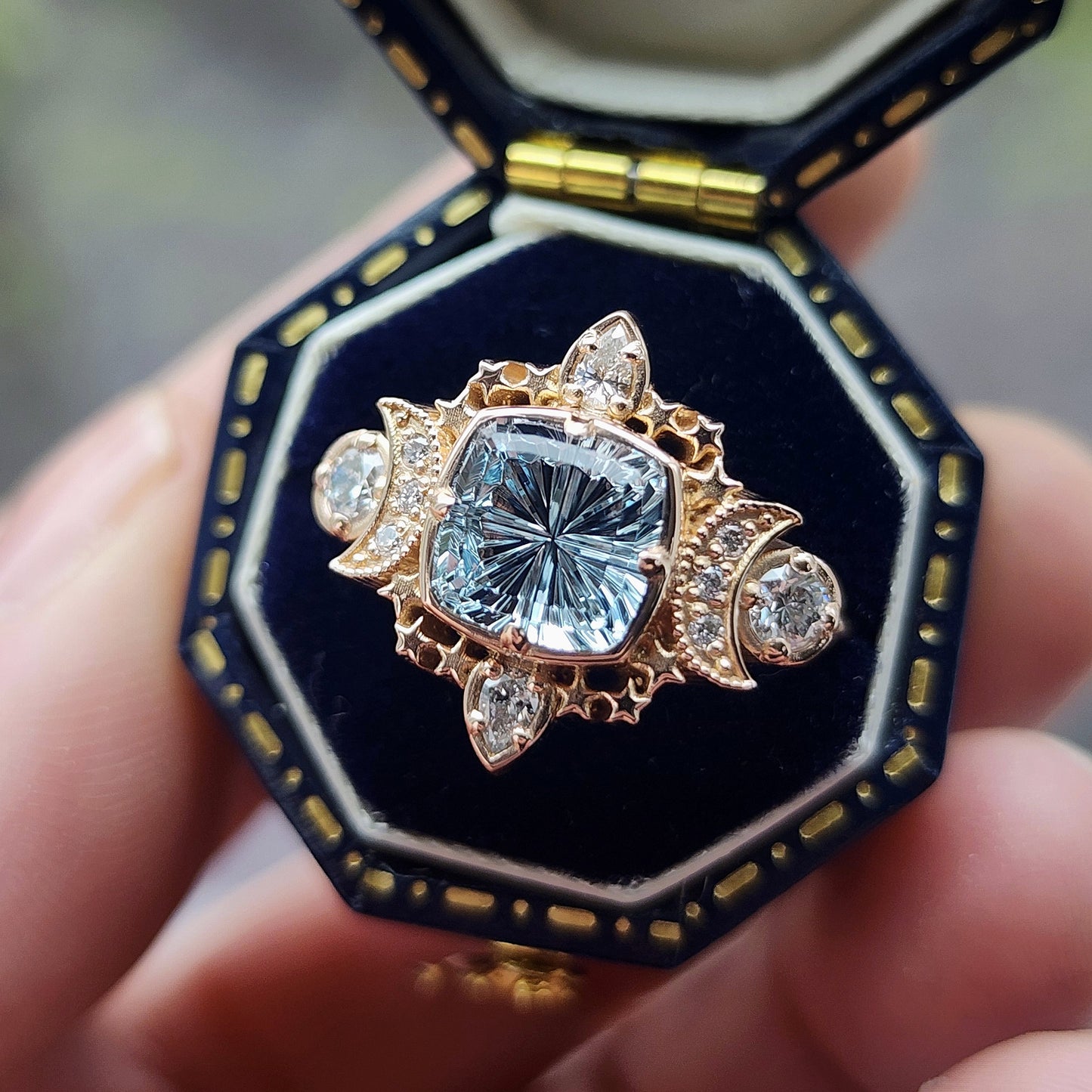  1.92ct Aquamarine Fantasy Cushion by John Dyer is the center stone of this Sparkling Cosmos Ring, set in 14kt rose gold Enhancing the magnificent aquamarine are .34ct VS lab diamonds, which beautifully encircle the stone image 2