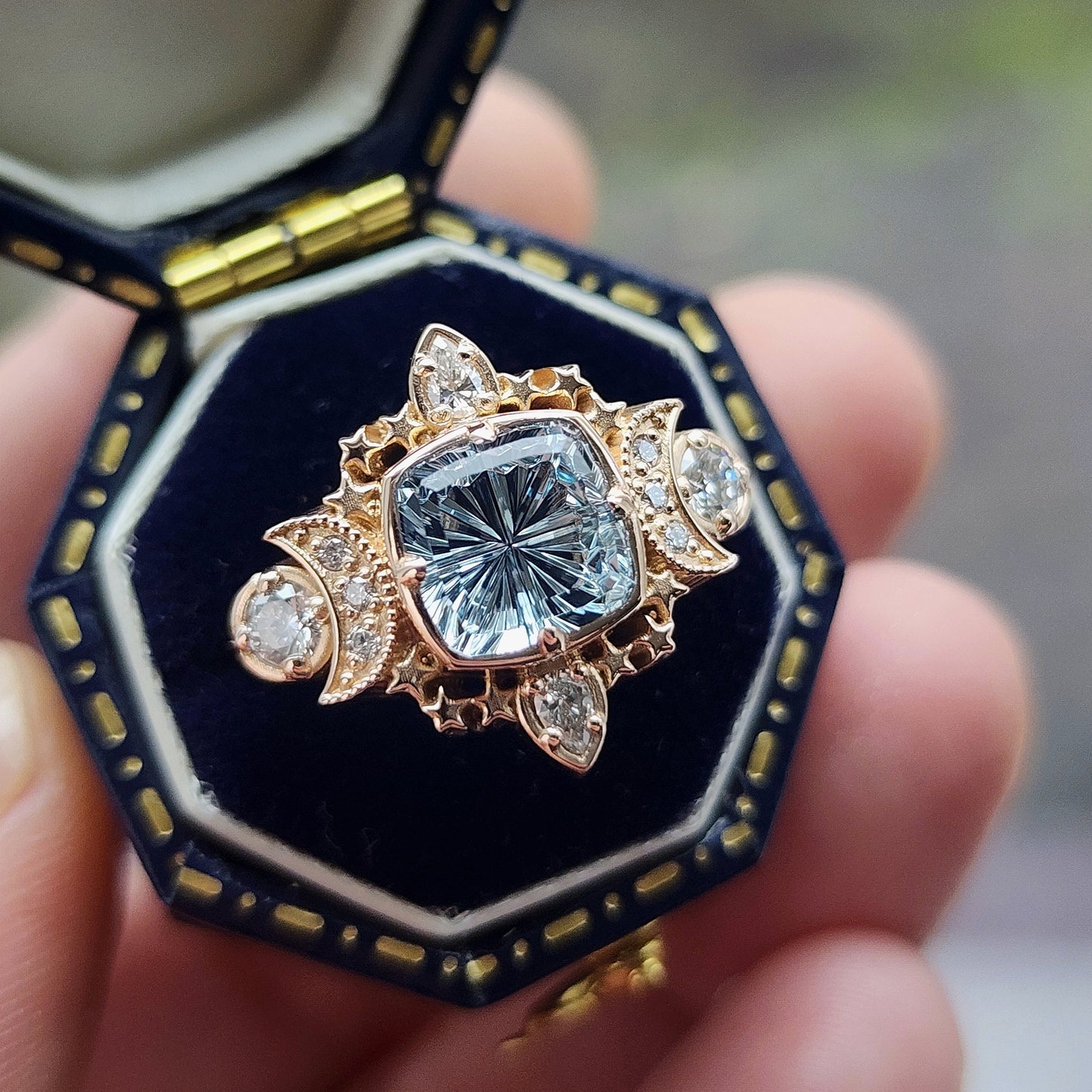  1.92ct Aquamarine Fantasy Cushion by John Dyer is the center stone of this Sparkling Cosmos Ring, set in 14kt rose gold Enhancing the magnificent aquamarine are .34ct VS lab diamonds, which beautifully encircle the stone image 4
