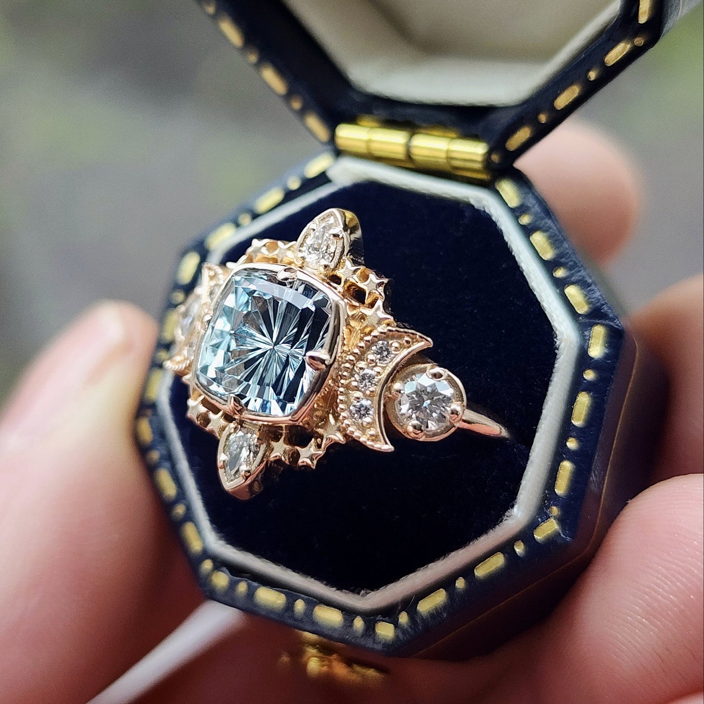  1.92ct Aquamarine Fantasy Cushion by John Dyer is the center stone of this Sparkling Cosmos Ring, set in 14kt rose gold Enhancing the magnificent aquamarine are .34ct VS lab diamonds, which beautifully encircle the stone image 6