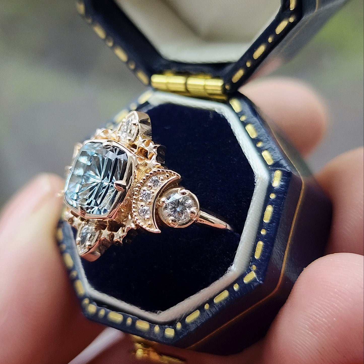  1.92ct Aquamarine Fantasy Cushion by John Dyer is the center stone of this Sparkling Cosmos Ring, set in 14kt rose gold Enhancing the magnificent aquamarine are .34ct VS lab diamonds, which beautifully encircle the stone image 7