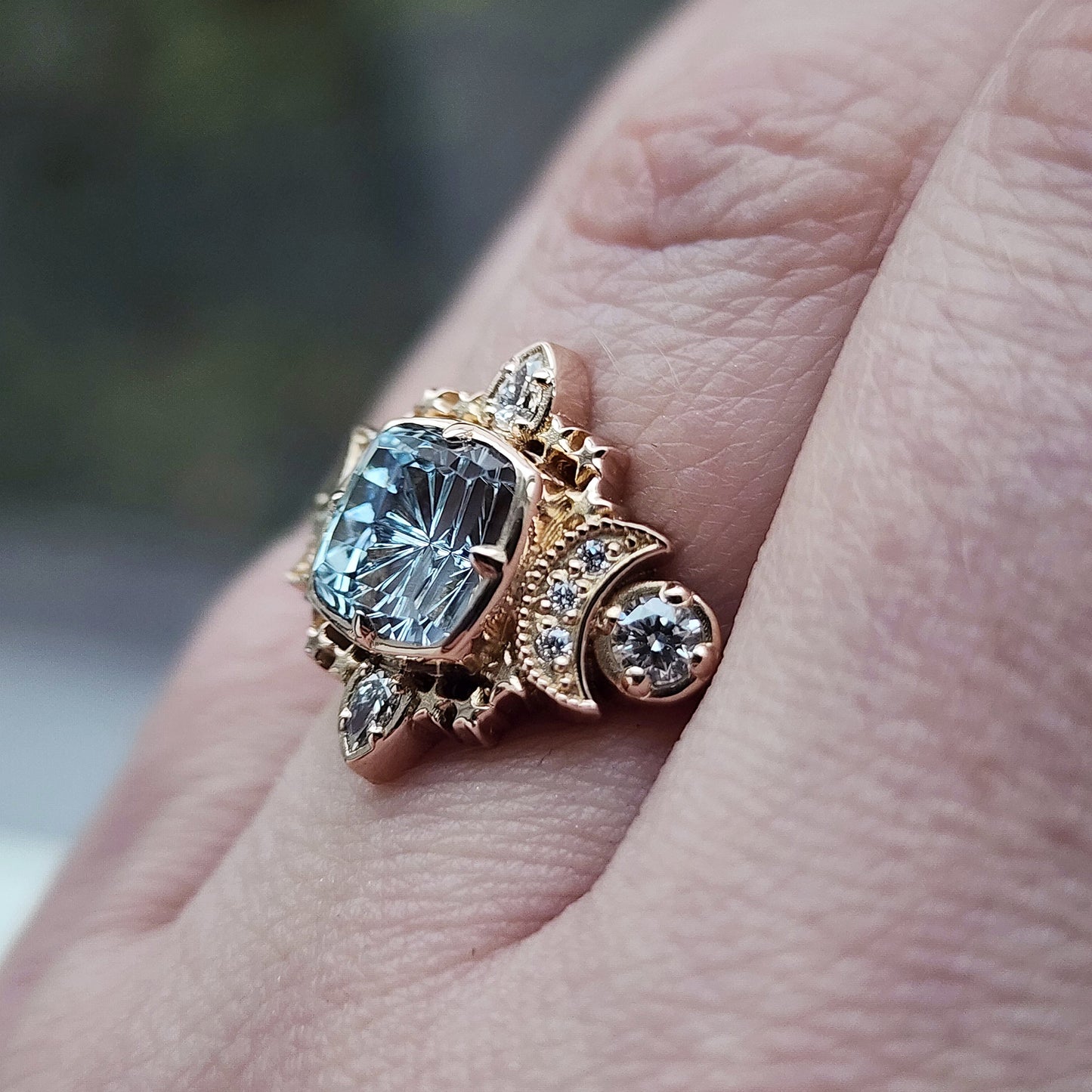  1.92ct Aquamarine Fantasy Cushion by John Dyer is the center stone of this Sparkling Cosmos Ring, set in 14kt rose gold Enhancing the magnificent aquamarine are .34ct VS lab diamonds, which beautifully encircle the stone image 10