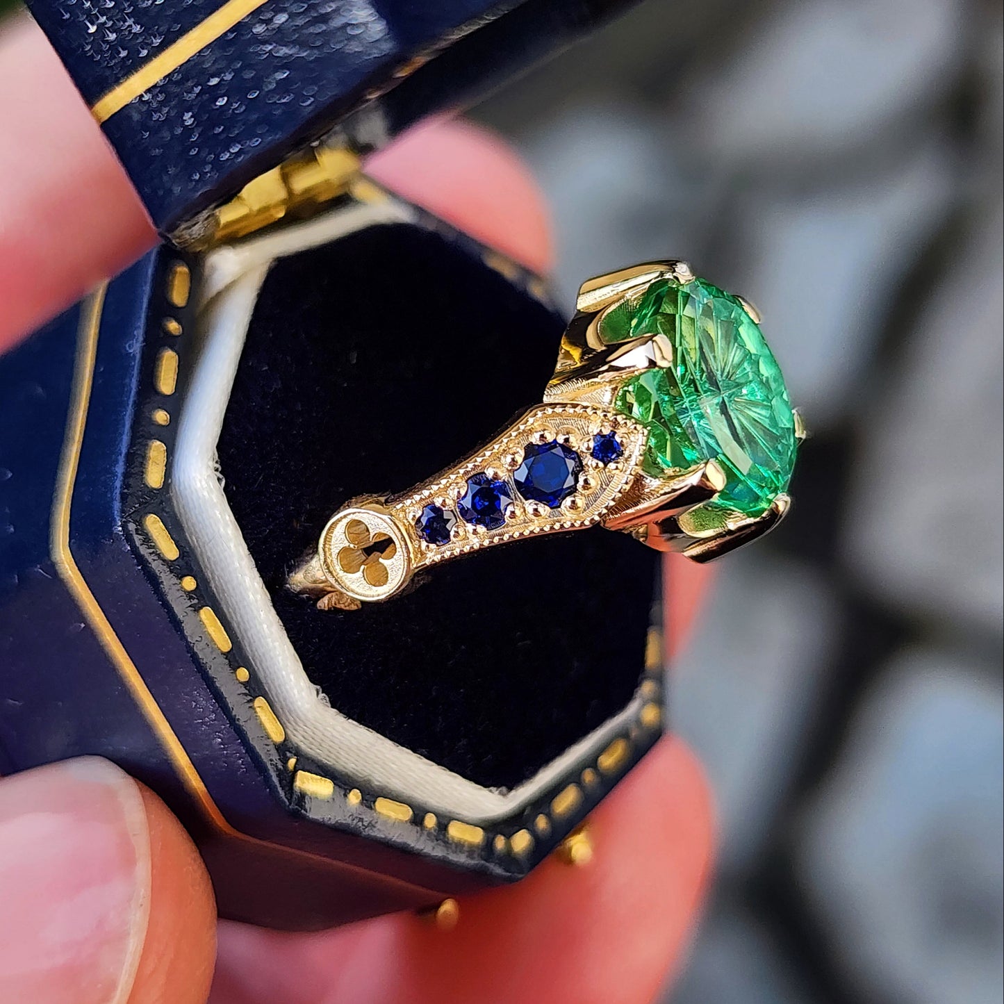 Hidden Rose Window with Fantasy Cut Oval Blue Green Lab Sapphire image 5