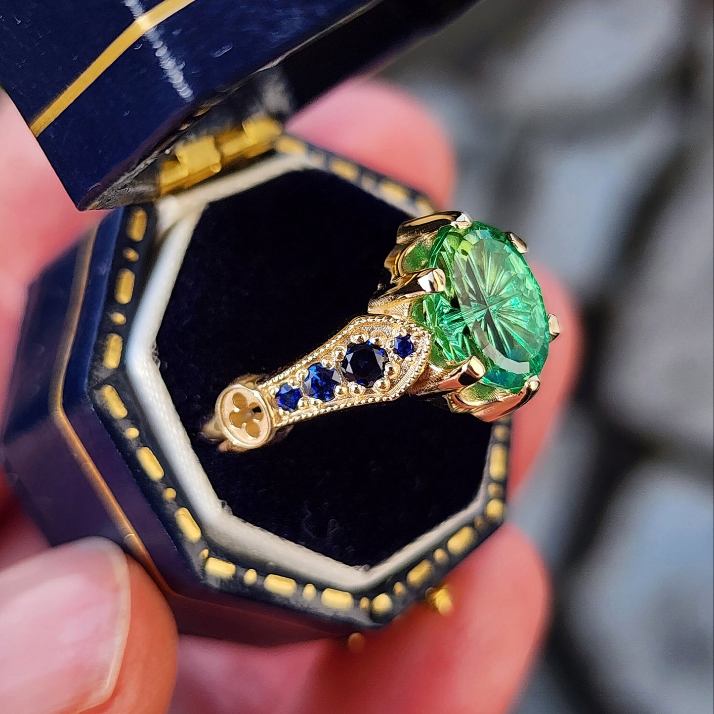 Hidden Rose Window with Fantasy Cut Oval Blue Green Lab Sapphire image 4