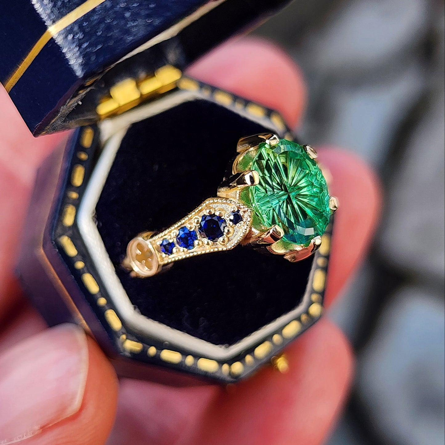 Hidden Rose Window with Fantasy Cut Oval Blue Green Lab Sapphire image 3