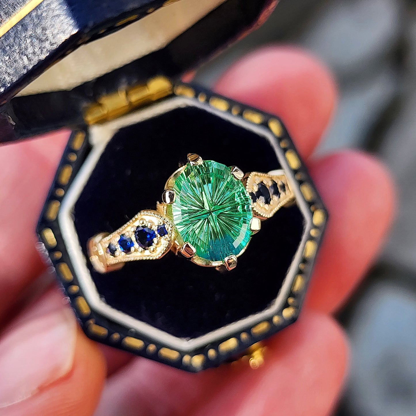 Hidden Rose Window with Fantasy Cut Oval Blue Green Lab Sapphire image 2