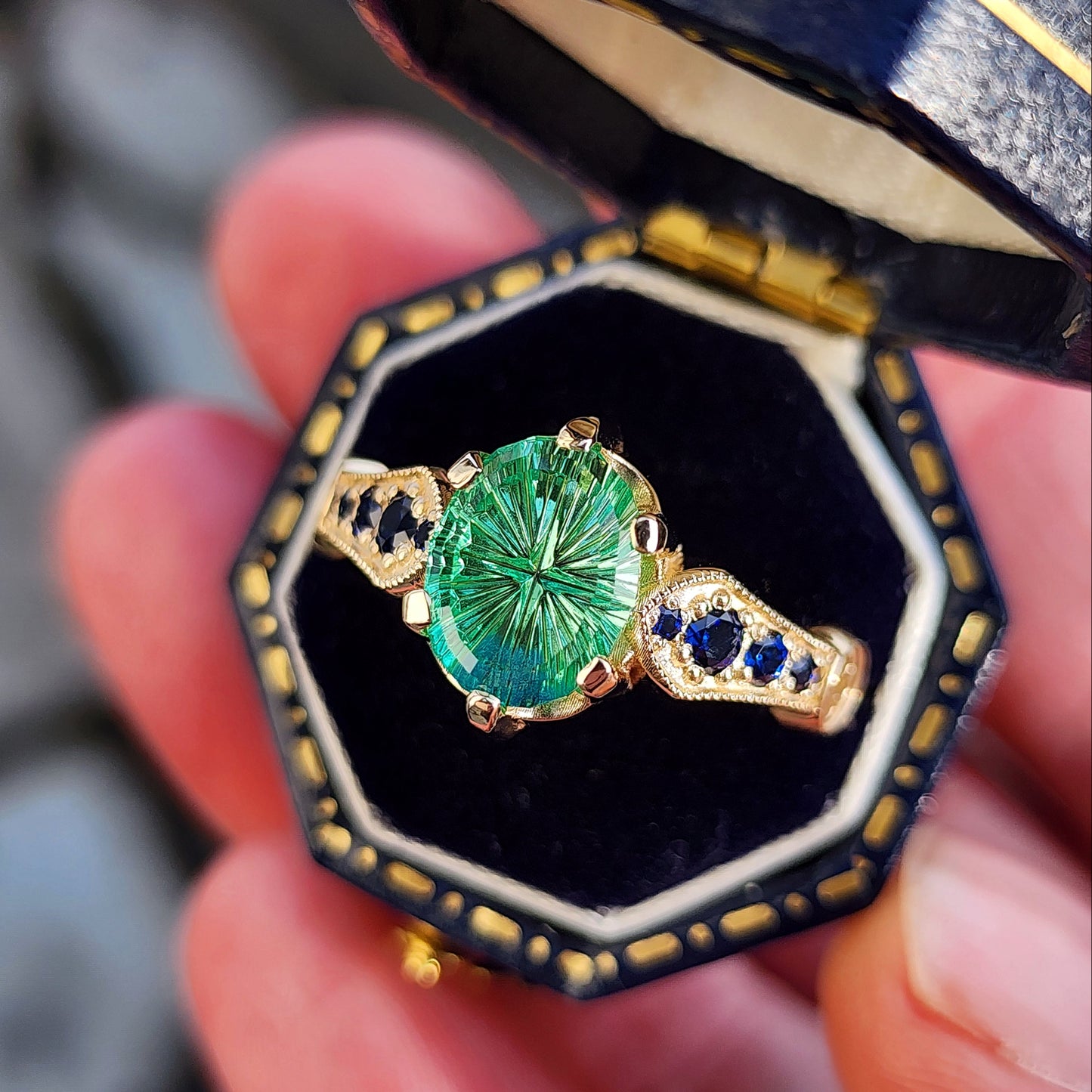 Hidden Rose Window with Fantasy Cut Oval Blue Green Lab Sapphire image 1