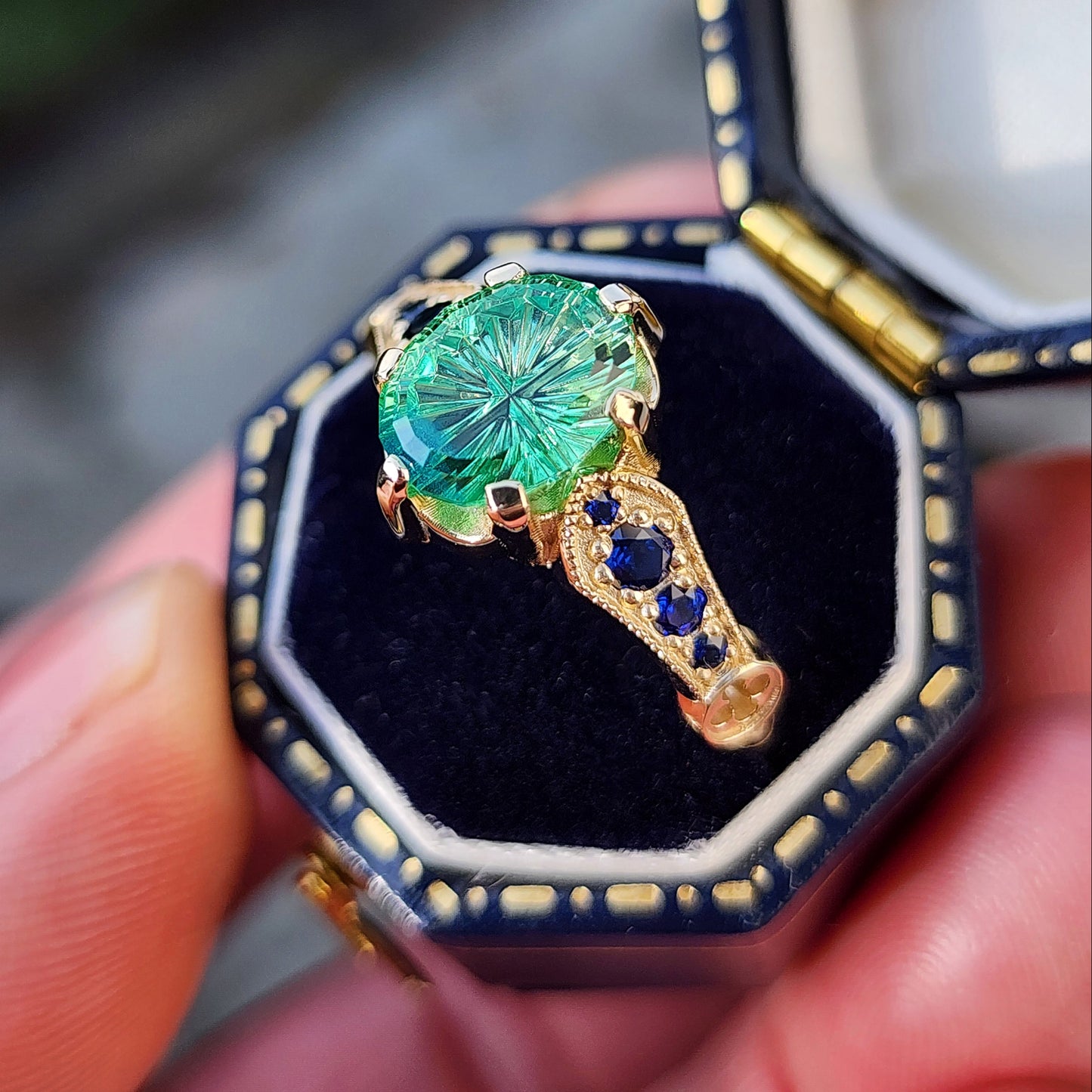 Hidden Rose Window with Fantasy Cut Oval Blue Green Lab Sapphire image 8