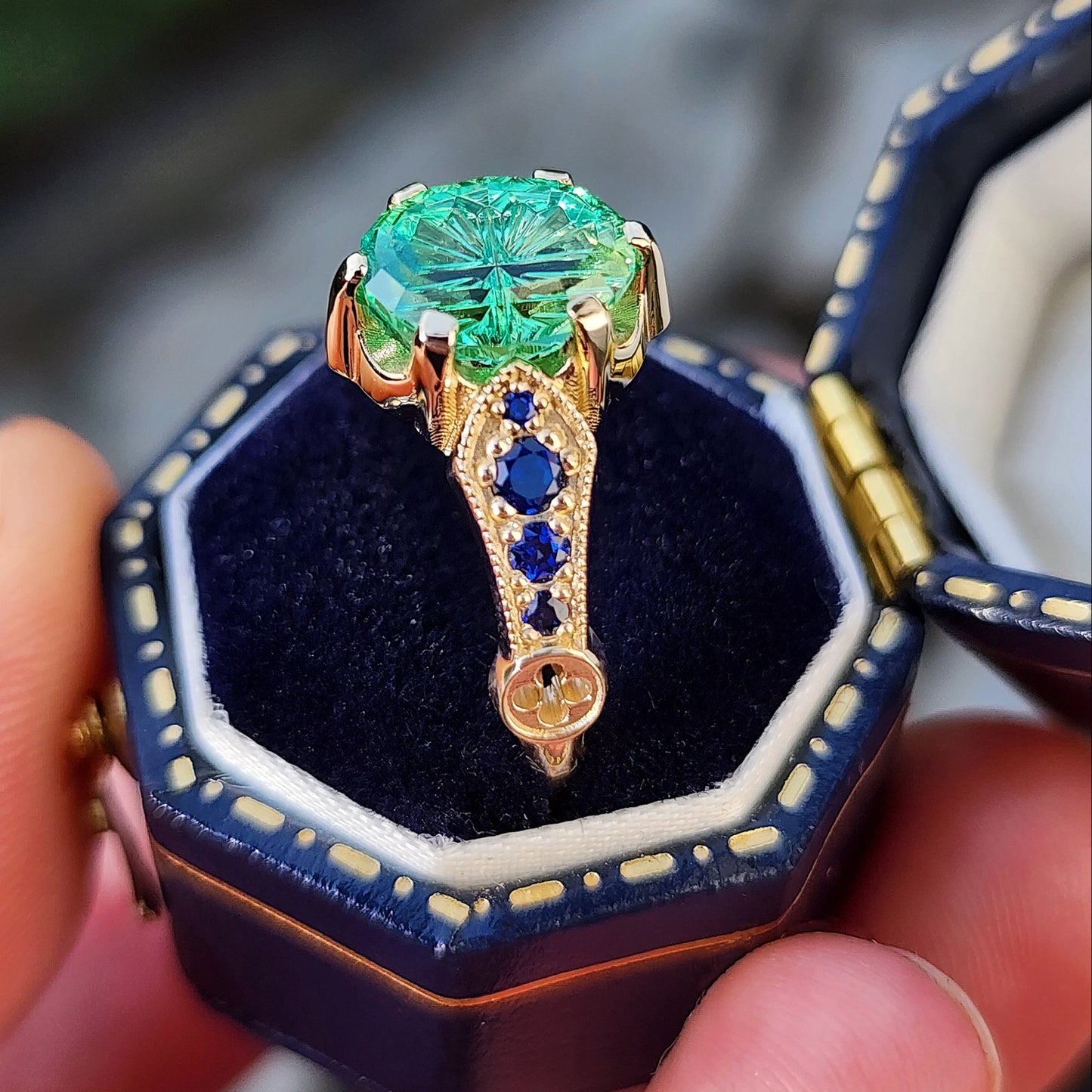 Hidden Rose Window with Fantasy Cut Oval Blue Green Lab Sapphire image 7