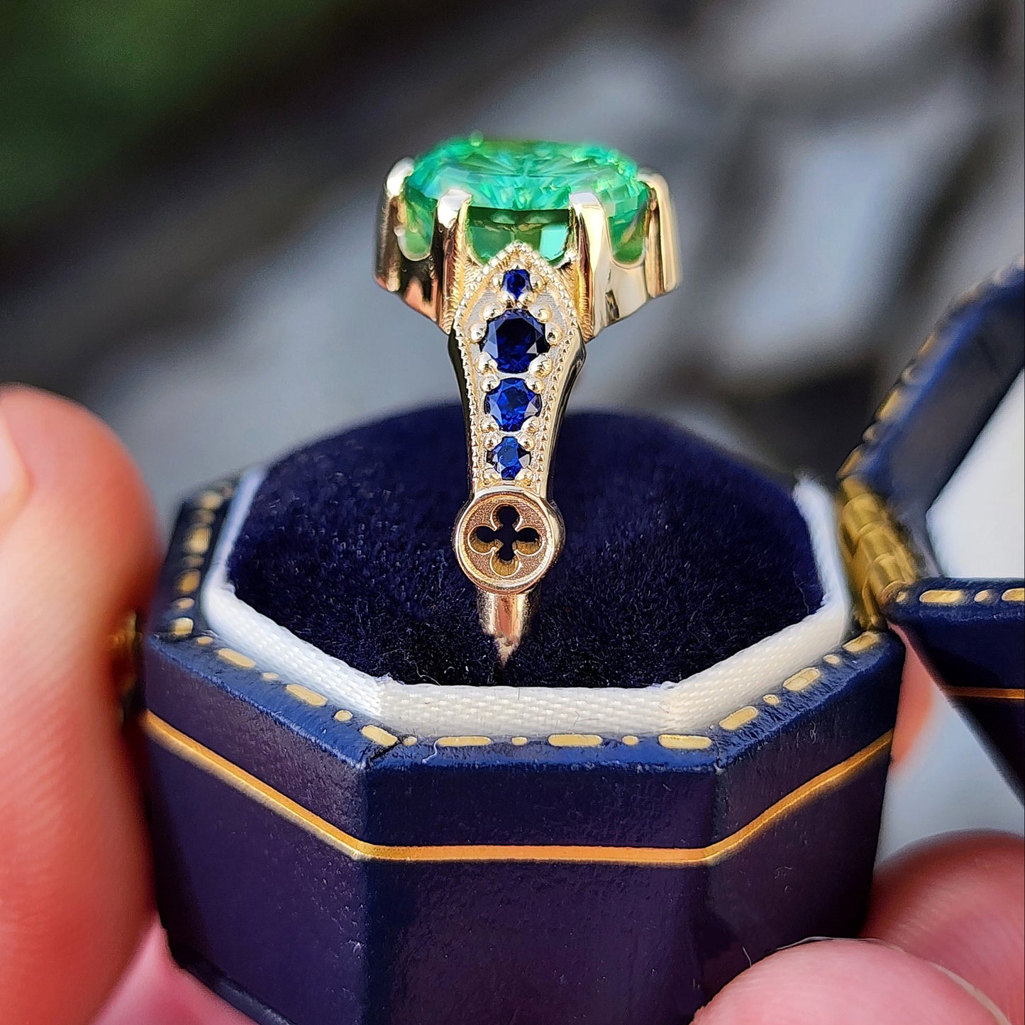 Hidden Rose Window with Fantasy Cut Oval Blue Green Lab Sapphire image 6