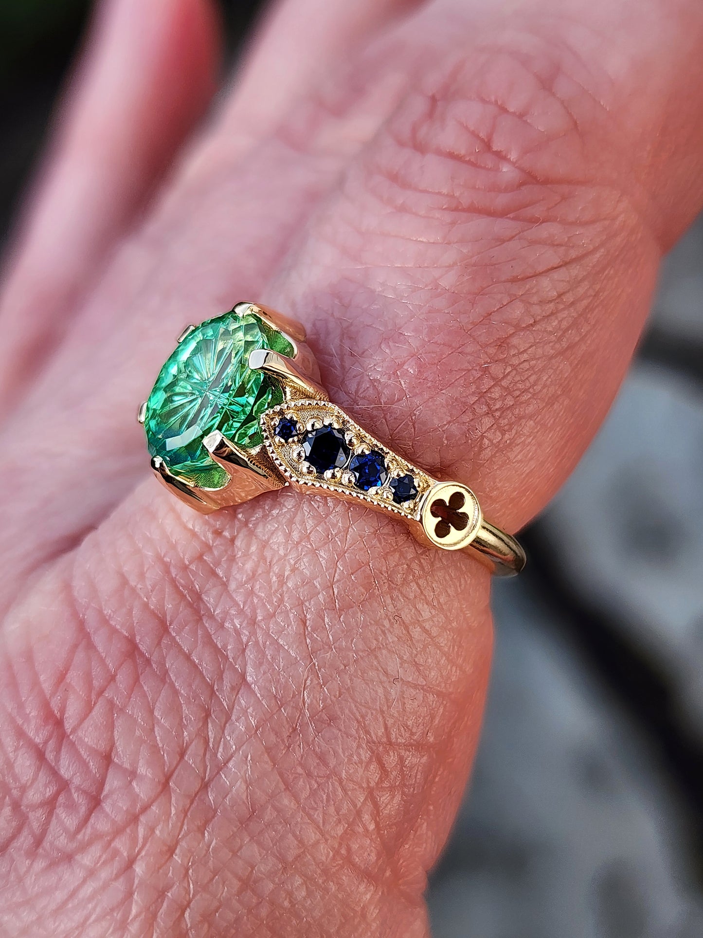 Hidden Rose Window with Fantasy Cut Oval Blue Green Lab Sapphire image 11