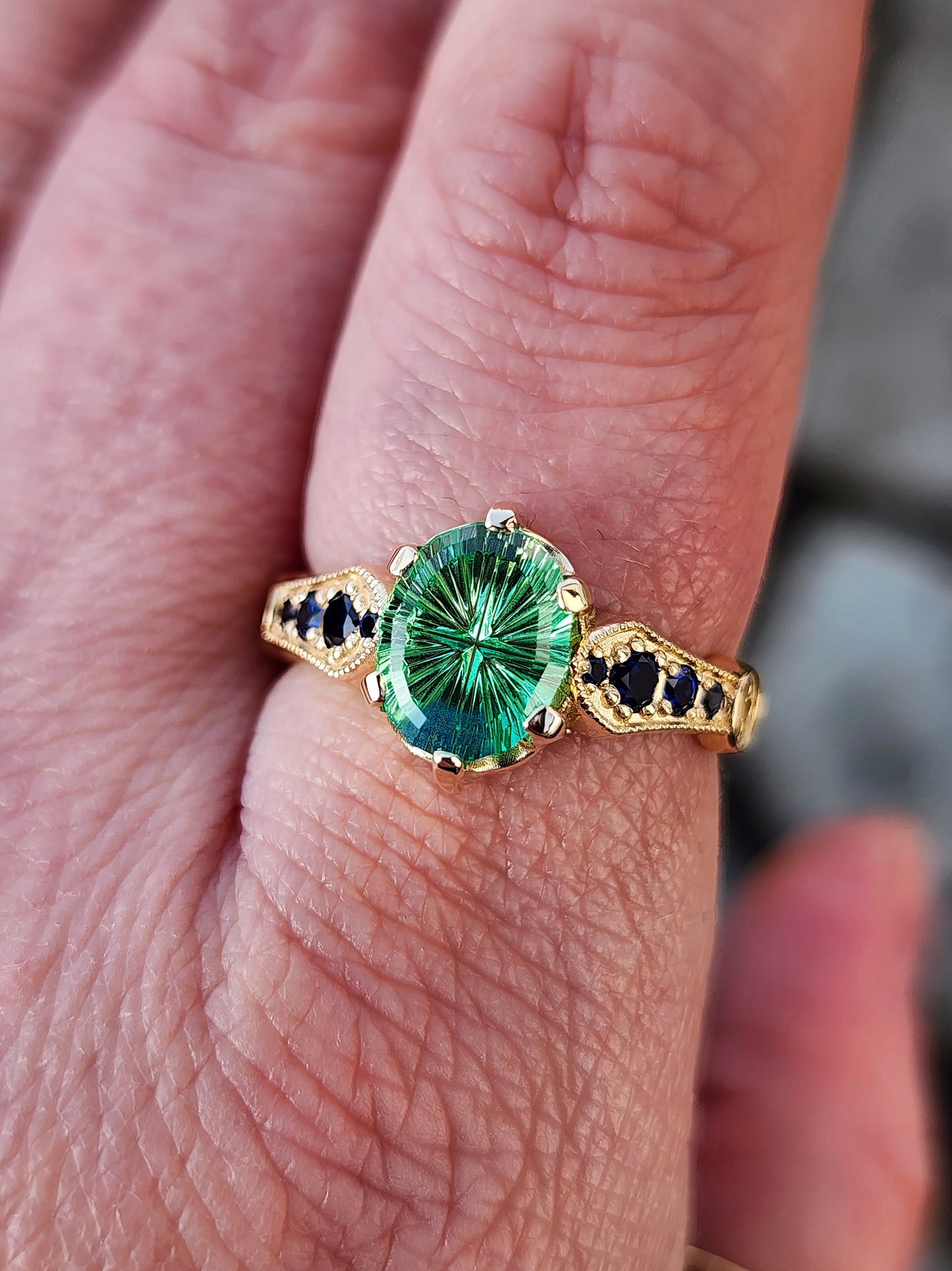 Hidden Rose Window with Fantasy Cut Oval Blue Green Lab Sapphire image 10